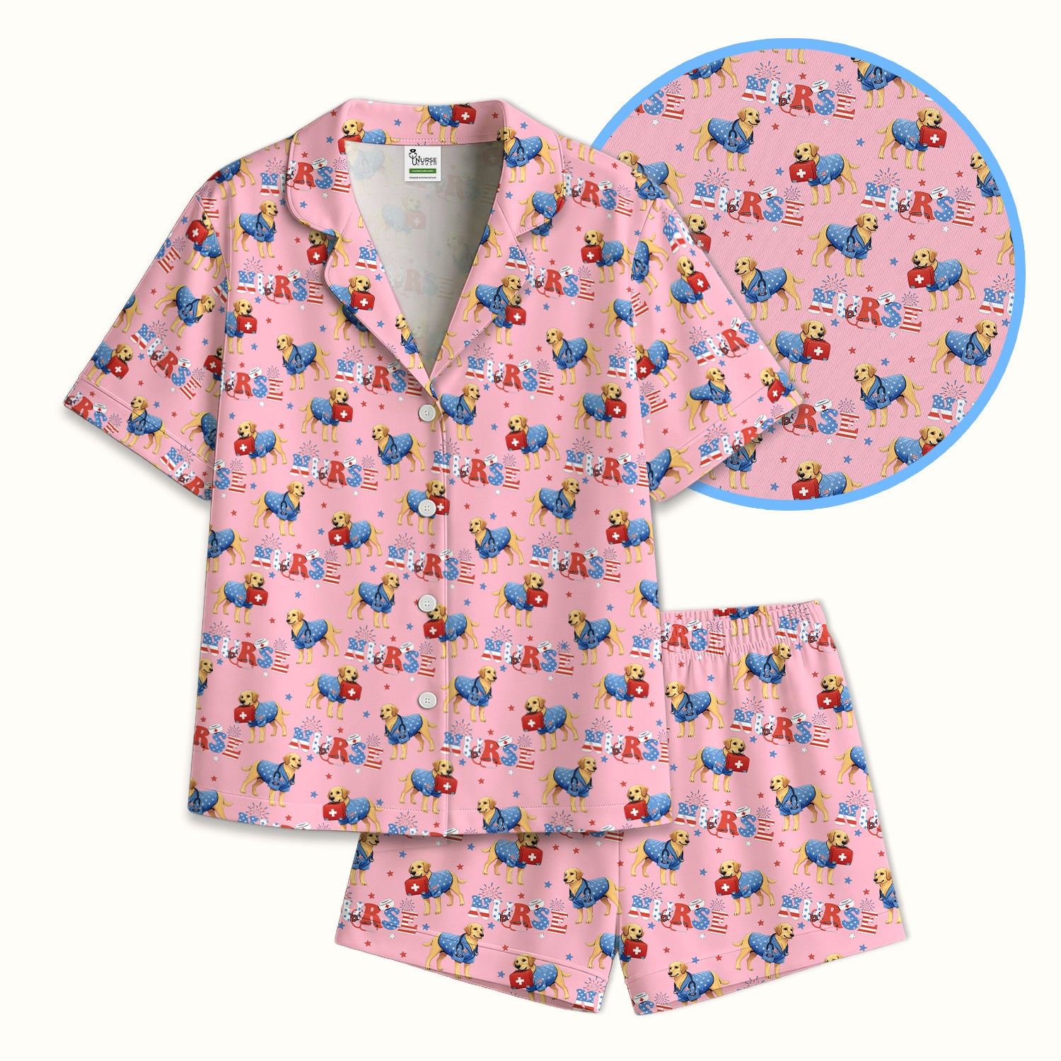 Patriotic Nurse Dog Medical Pattern Pajama Set, Breathable Fabrics Uniform