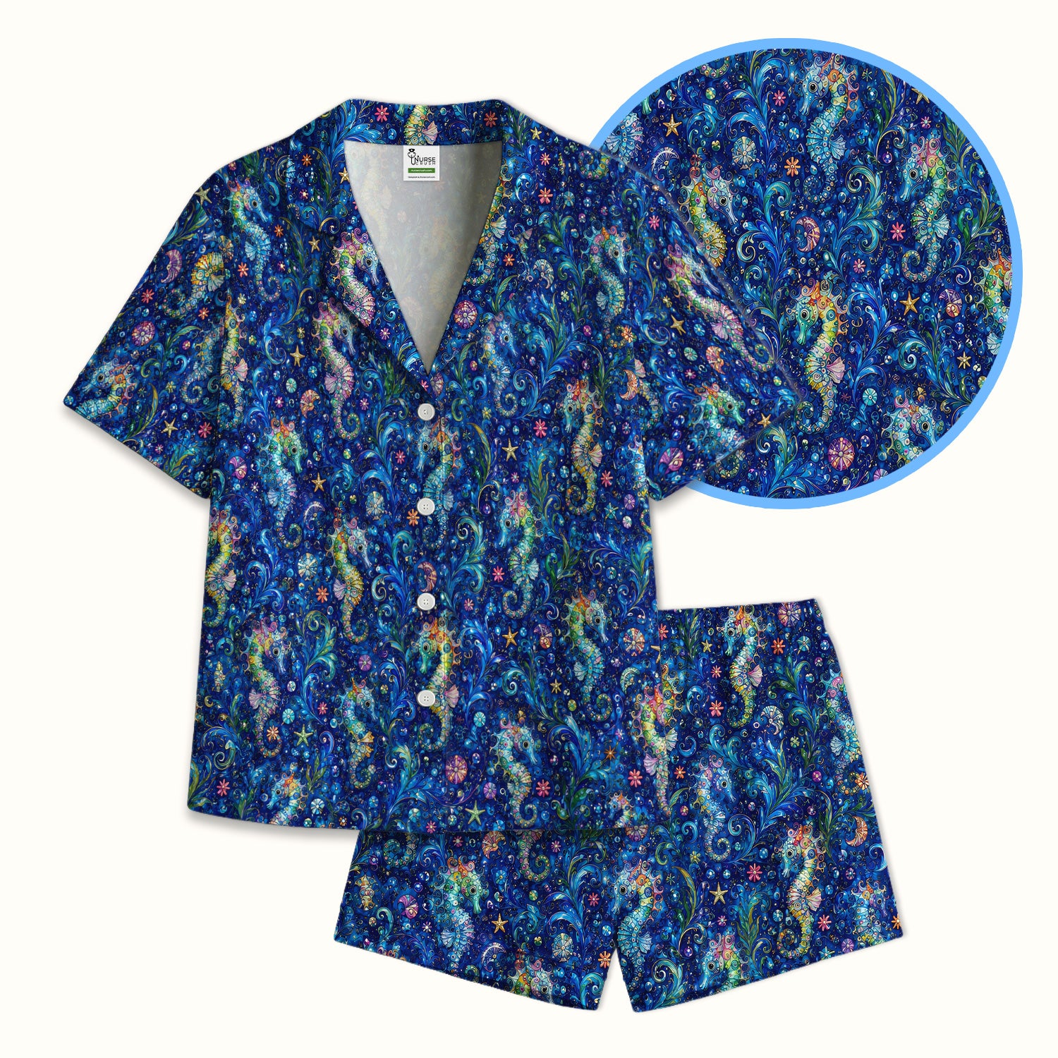 Vibrant Seahorse Ocean Swirl Pattern Pajama Set, Soft Breathable Fabric Comfortable Sleepwear