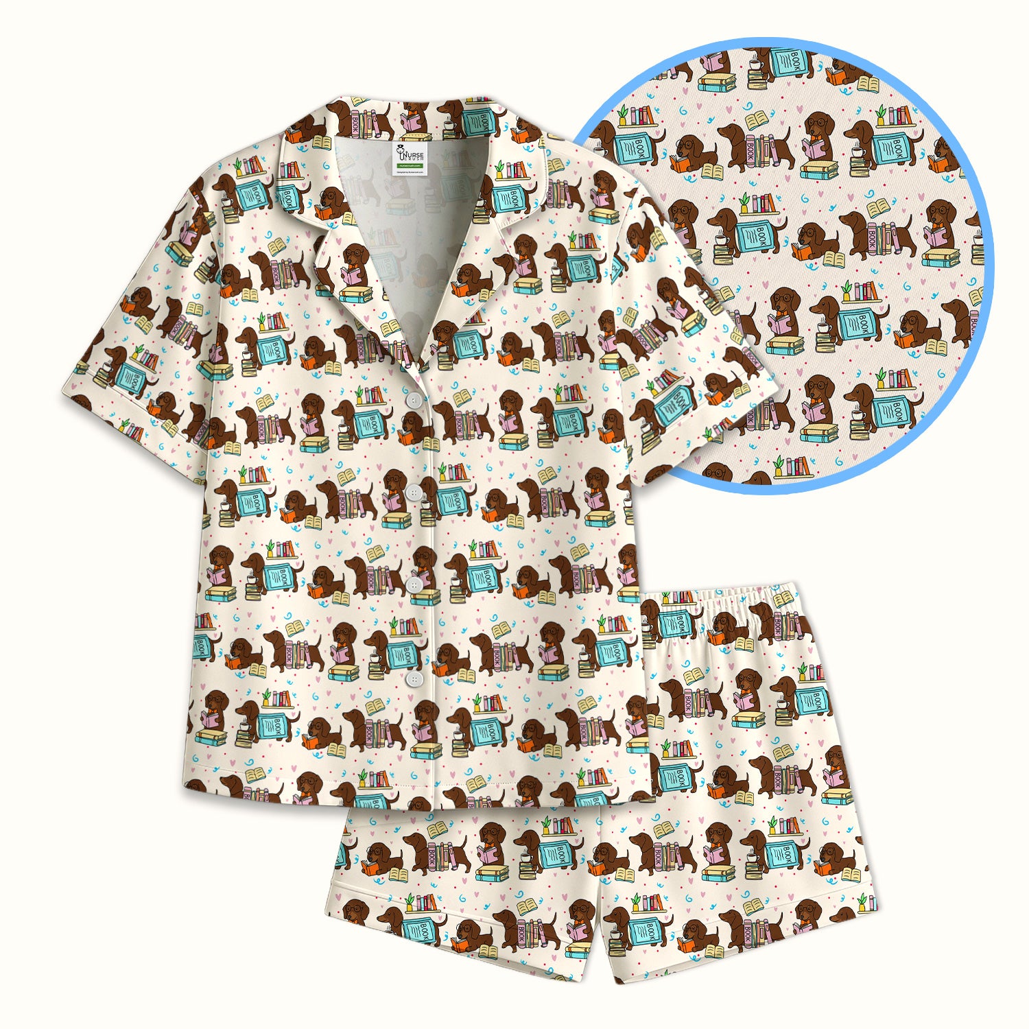 Cute Bookish Dachshund Reading Pajama Set, Soft Breathable Fabric Comfortable Sleepwear
