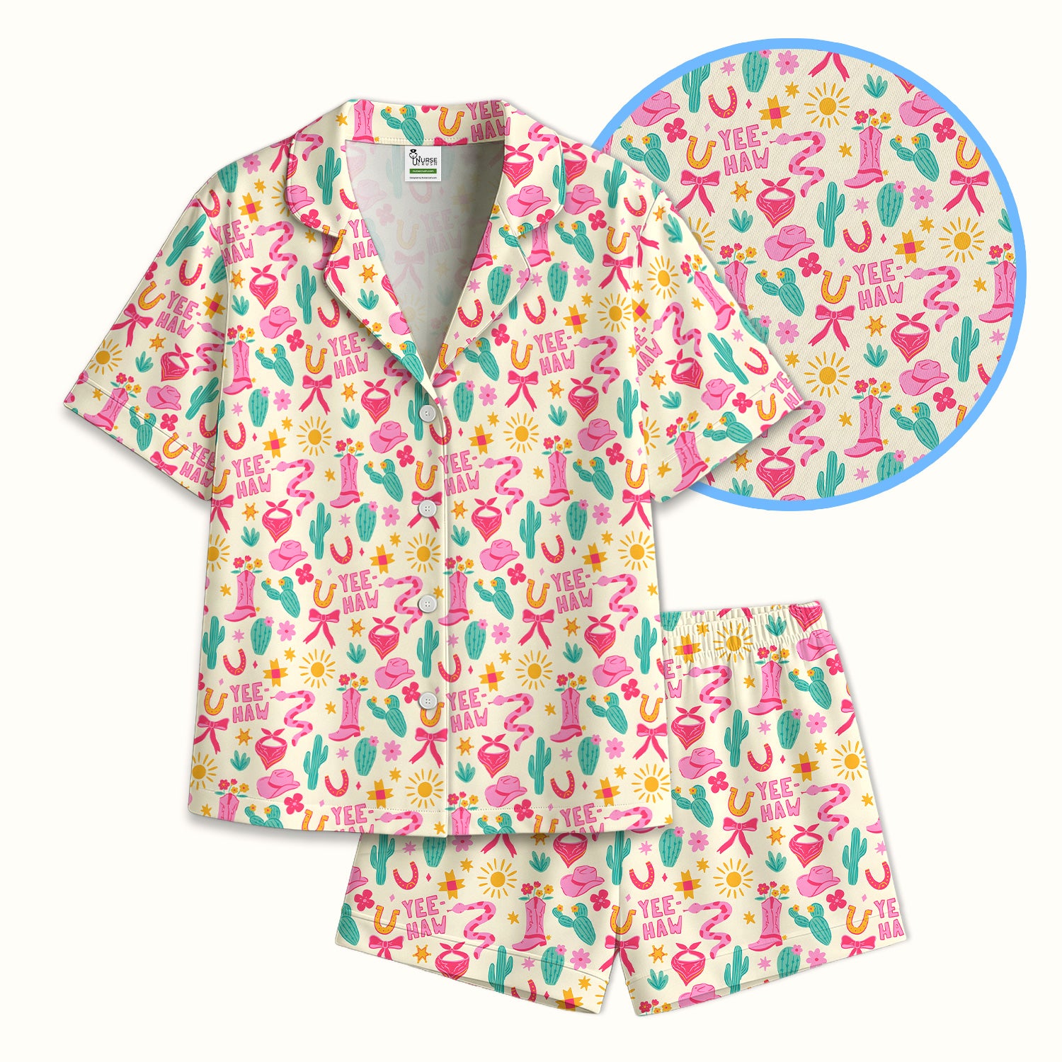 Pink Western Cowgirl Nurse Pattern Pajama Set, Soft Breathable Fabric Comfortable Sleepwear