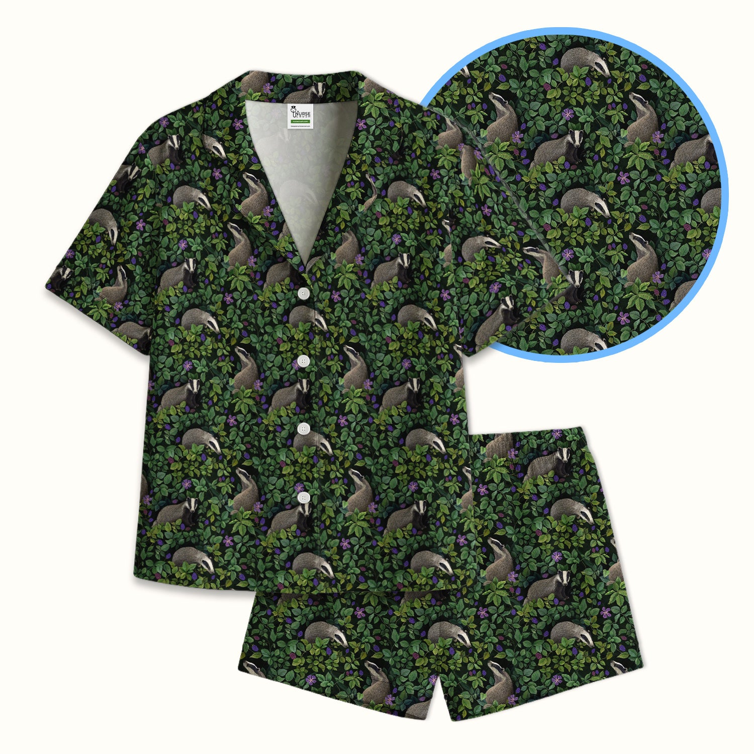 Woodland Badger Forest Pattern Pajama Set, Soft Breathable Fabric Comfortable Sleepwear