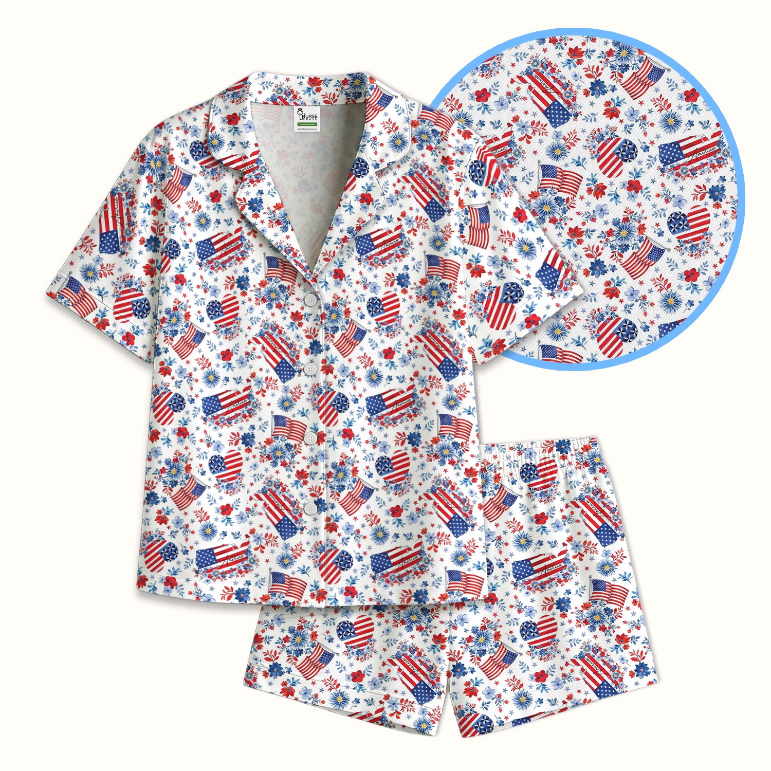 Festive American Flag Heart Floral Pattern Pajama Set, Soft Breathable Fabric Comfortable Sleepwear