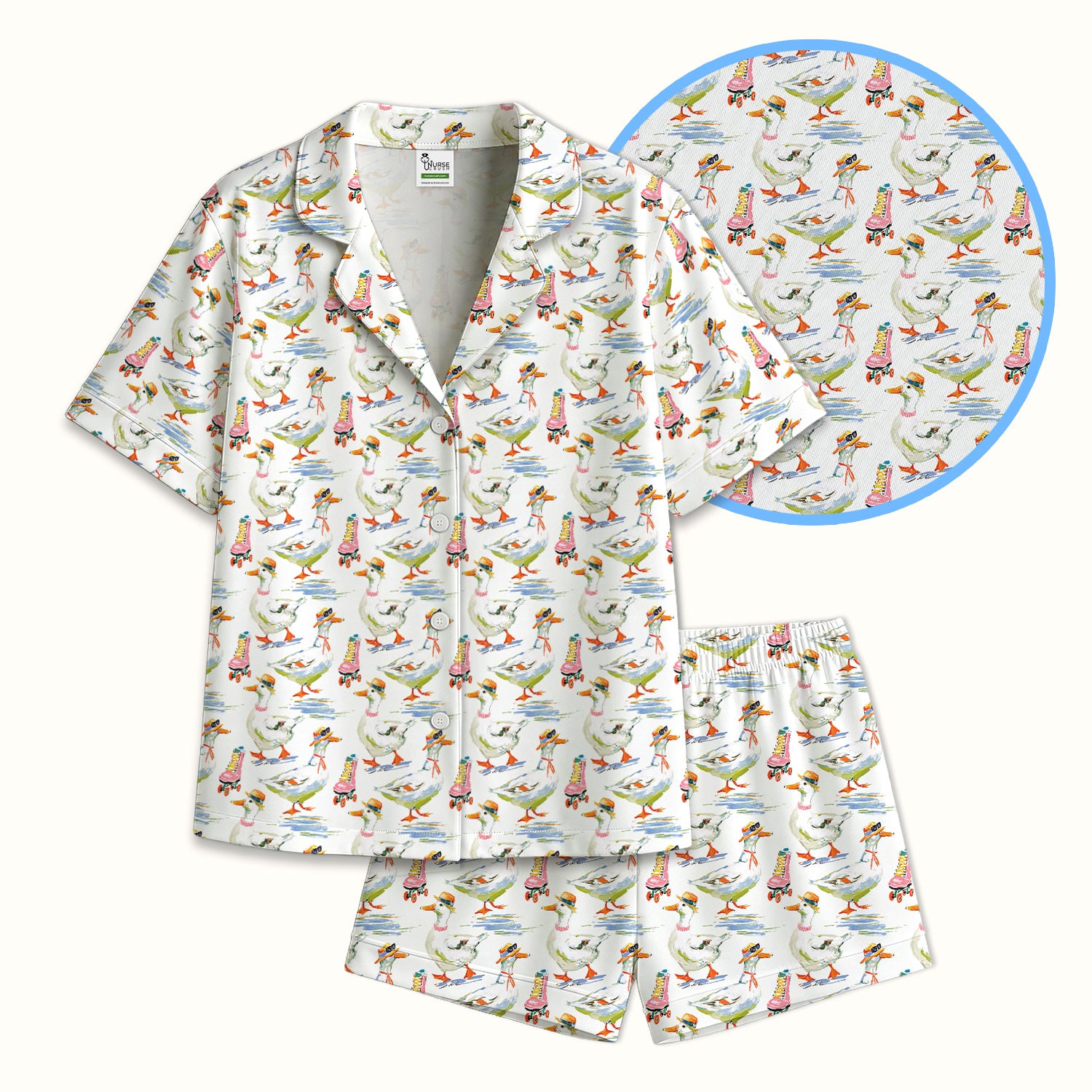 Roller Skating Goose Nurse Pattern Pajama Set, Soft Breathable Fabric Comfortable Sleepwear