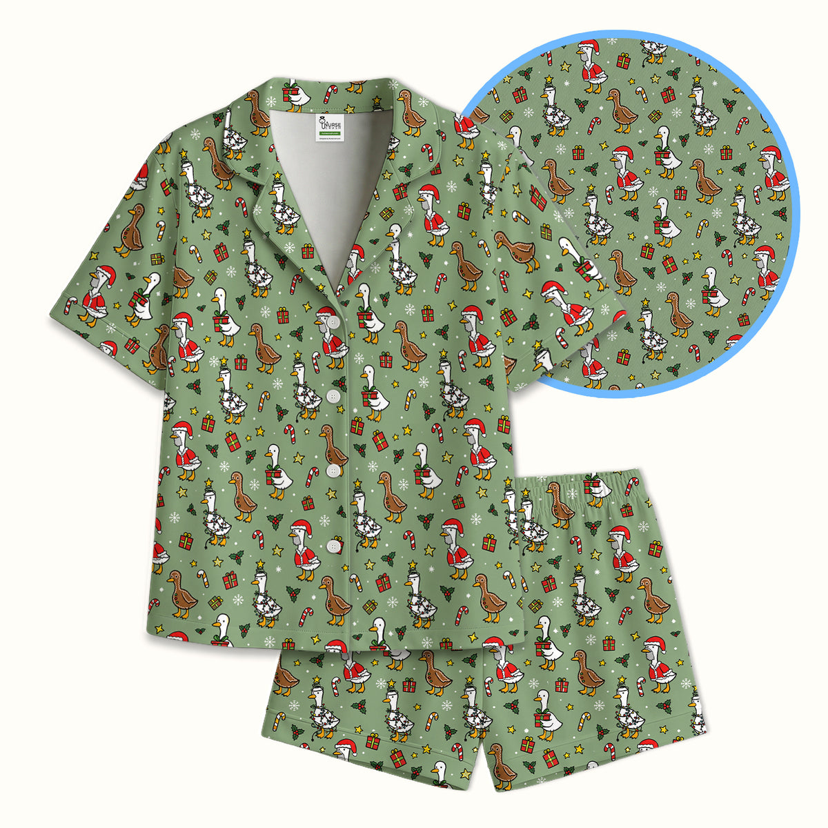 Christmas Geese In Festive Costumes Pajama Set, Soft Breathable Fabric Comfortable Sleepwear