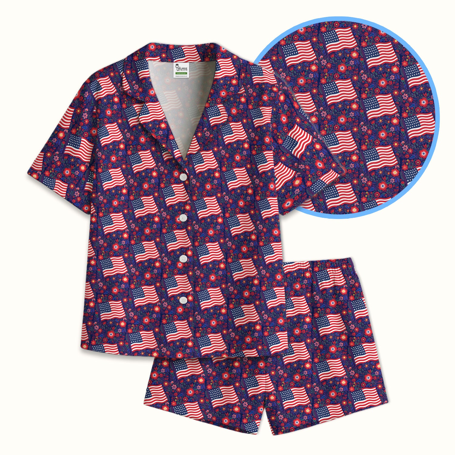 Patriotic USA Flag With Floral Fireworks Pattern Pajama Set, Soft Breathable Fabric Comfortable Sleepwear
