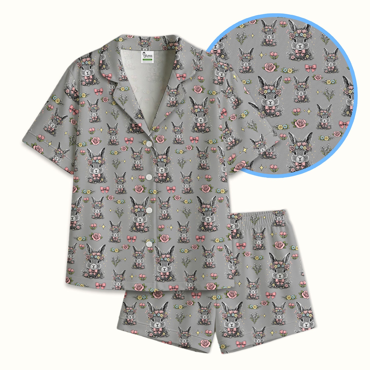 Easter Vintage Floral Bunny Print Pajama Set, Breathable Fabrics Uniform