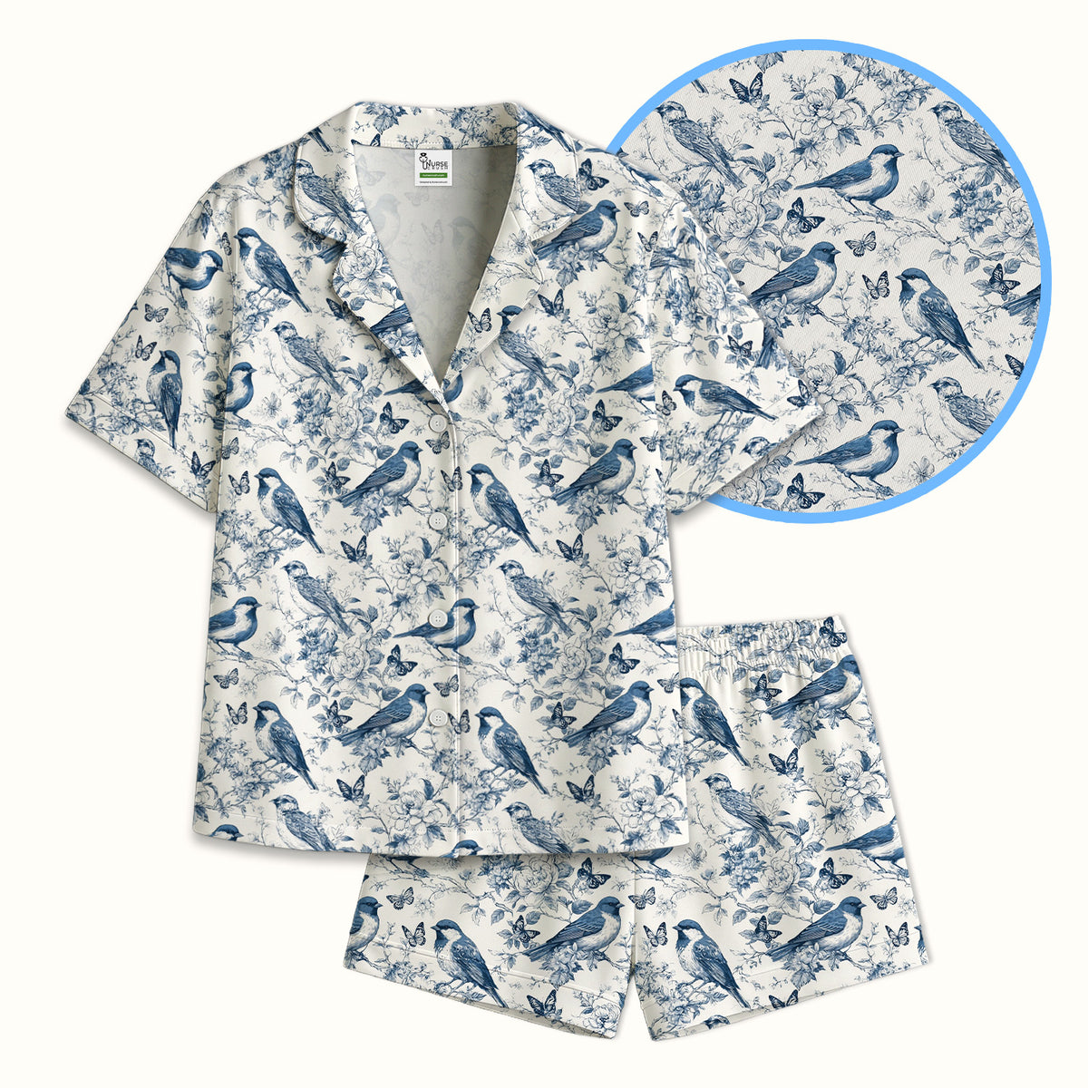 Blue Toile Songbird With Butterfly Print Pajama Set, Soft Breathable Fabric Comfortable Sleepwear