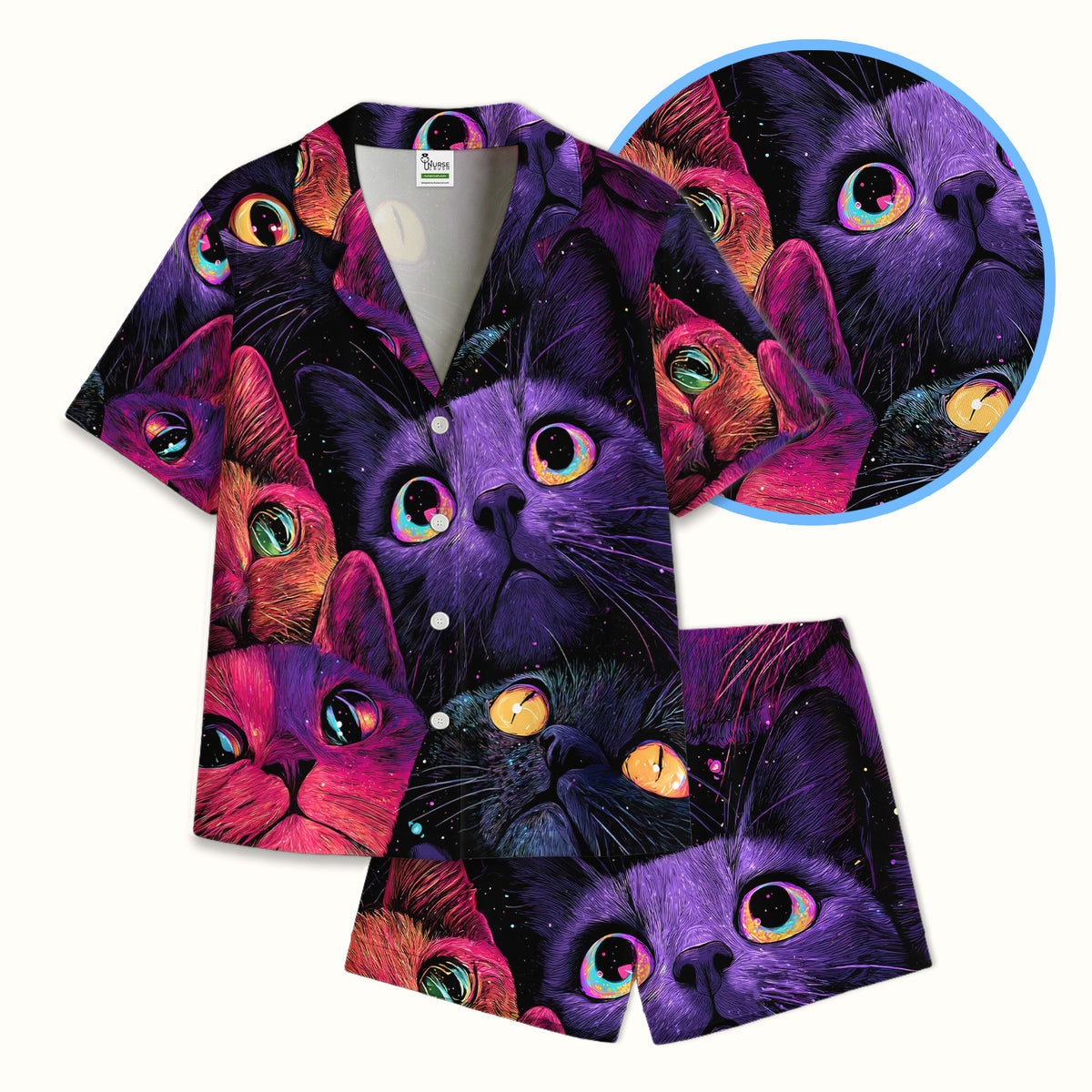 Colorful Neon Cat Faces Pajama Set, Soft Breathable Fabric Comfortable Sleepwear