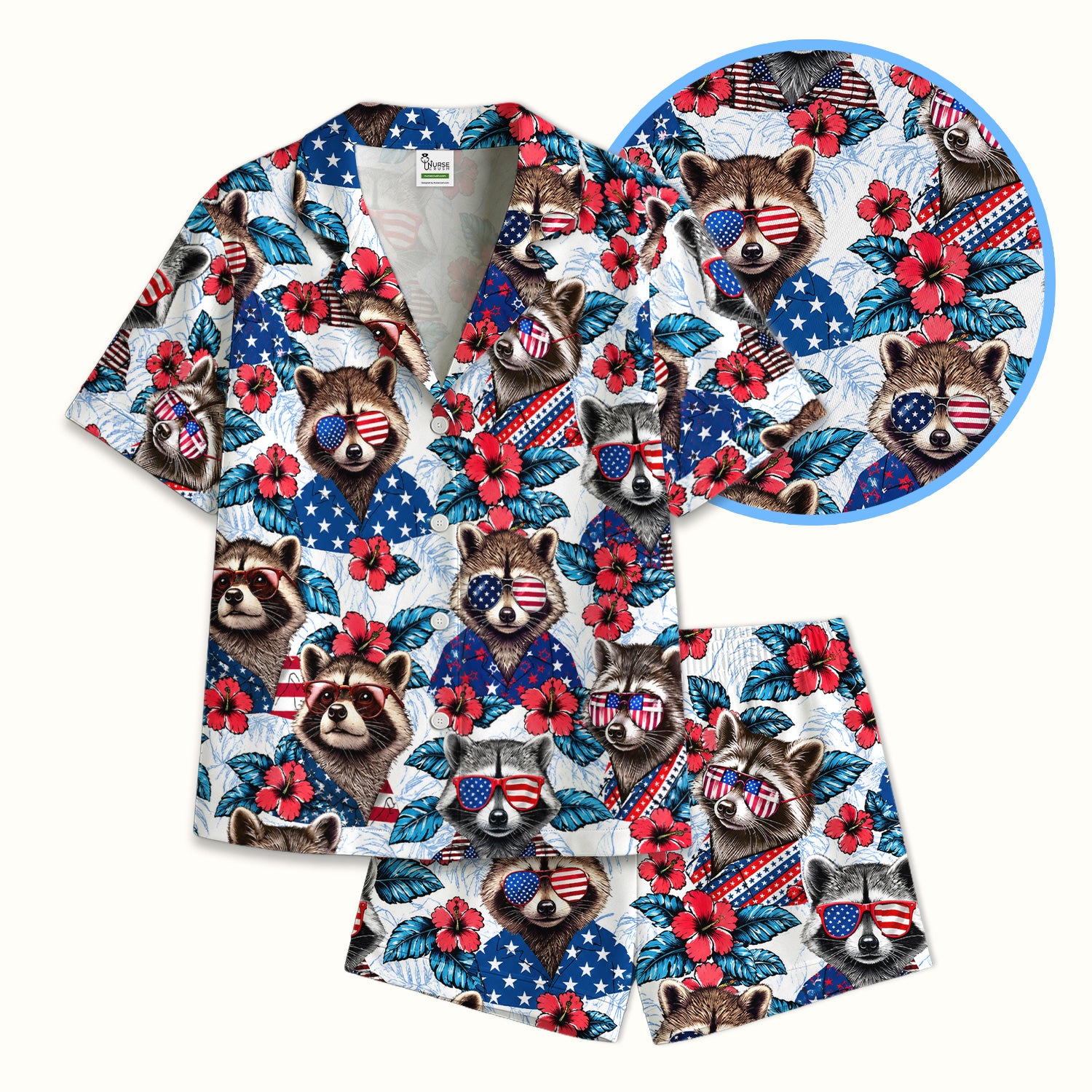 Funny Patriotic Raccoon Sunglasses Pattern Pajama Set, Soft Breathable Fabric Comfortable Sleepwear