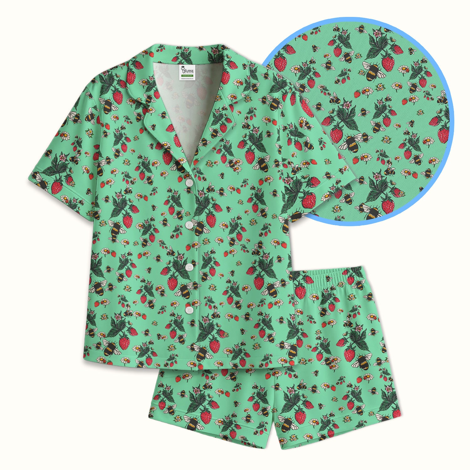 Cute Strawberry Bee Daisy Floral Pattern Pajama Set, Breathable Fabrics Uniform