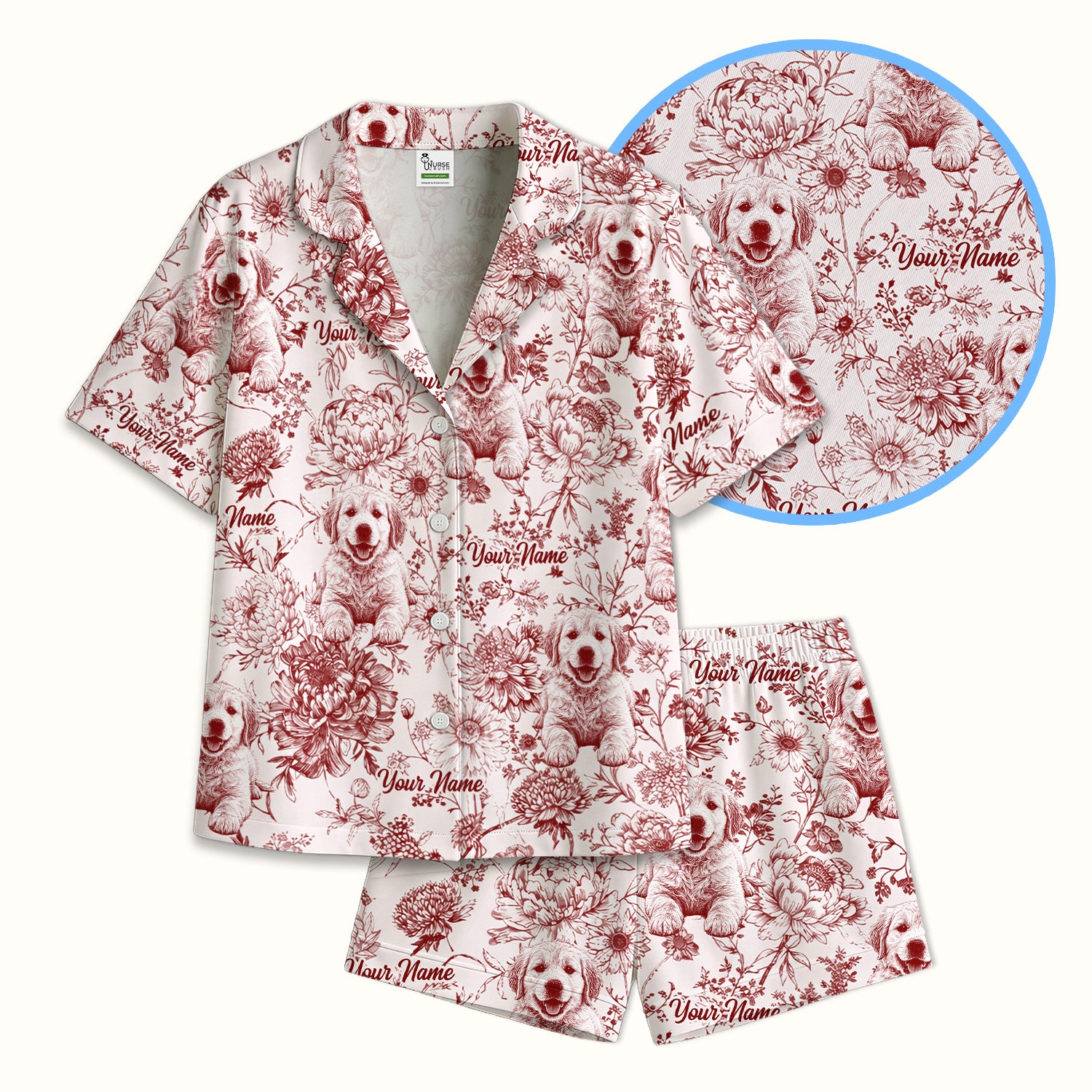 Personalized Custom Pet Photo Name Floral Pattern Pajama Set, Soft Breathable Fabric Comfortable Sleepwear