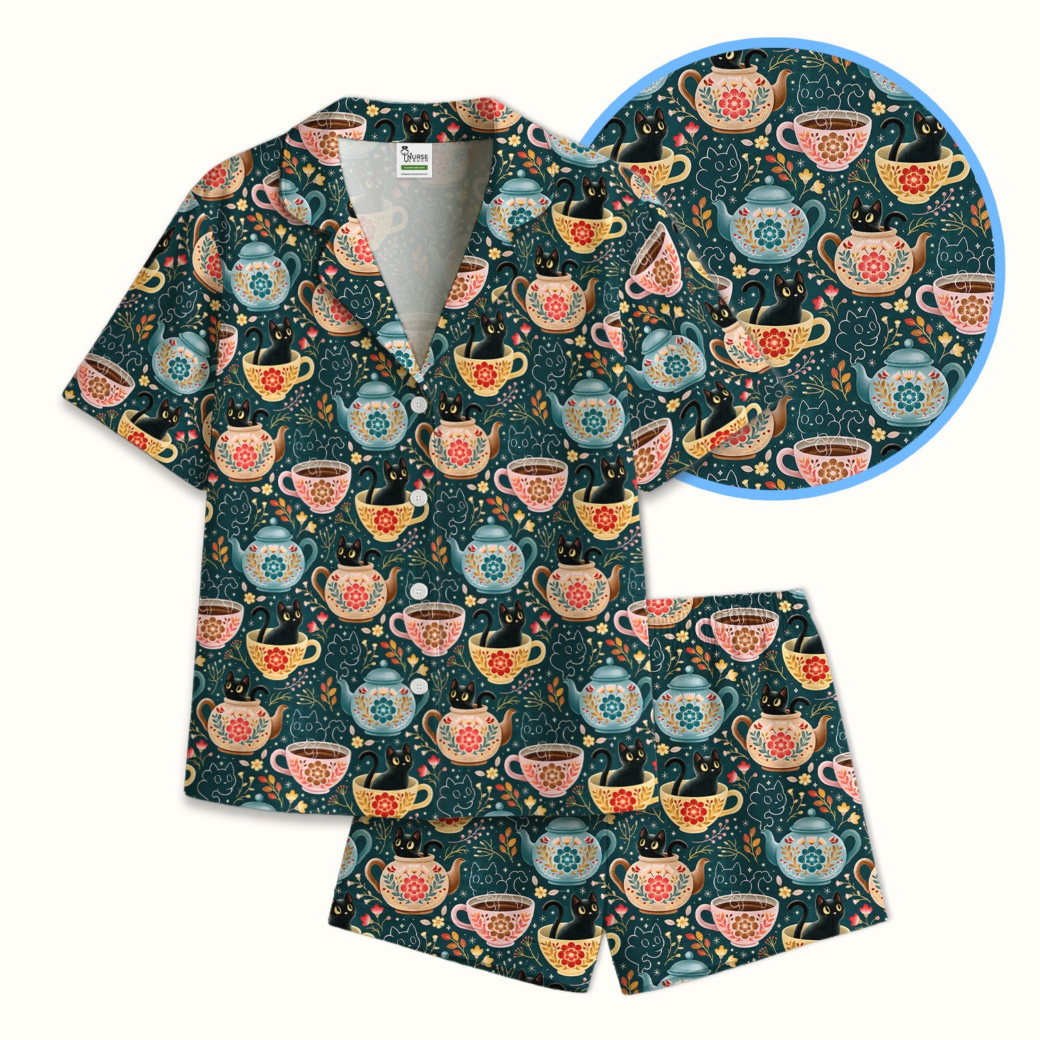Black Cat Tea Party Veterinary Pattern Pajama Set, Soft Breathable Fabric Comfortable Sleepwear