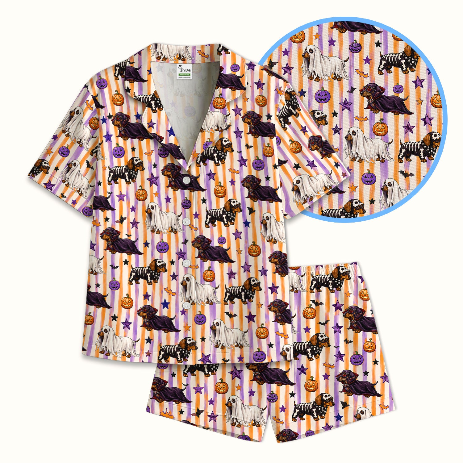 Halloween Dachshund Stripe Pattern Pajama Set, Soft Breathable Fabric Comfortable Sleepwear
