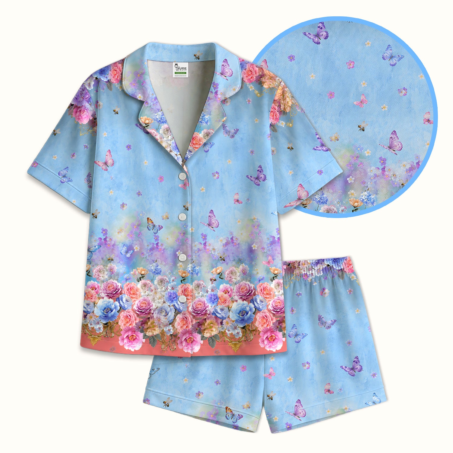 Pastel Flower Garden Print Pajama Set, Soft Breathable Fabric Comfortable Sleepwear