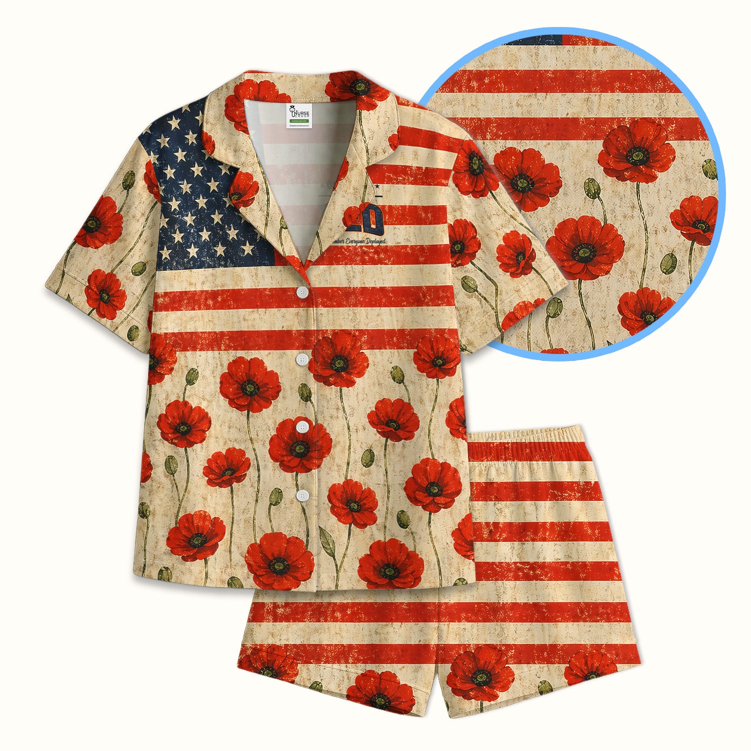 Patriotic American Flag Poppy Flower Pattern Pajama Set, Soft Breathable Fabric Comfortable Sleepwear
