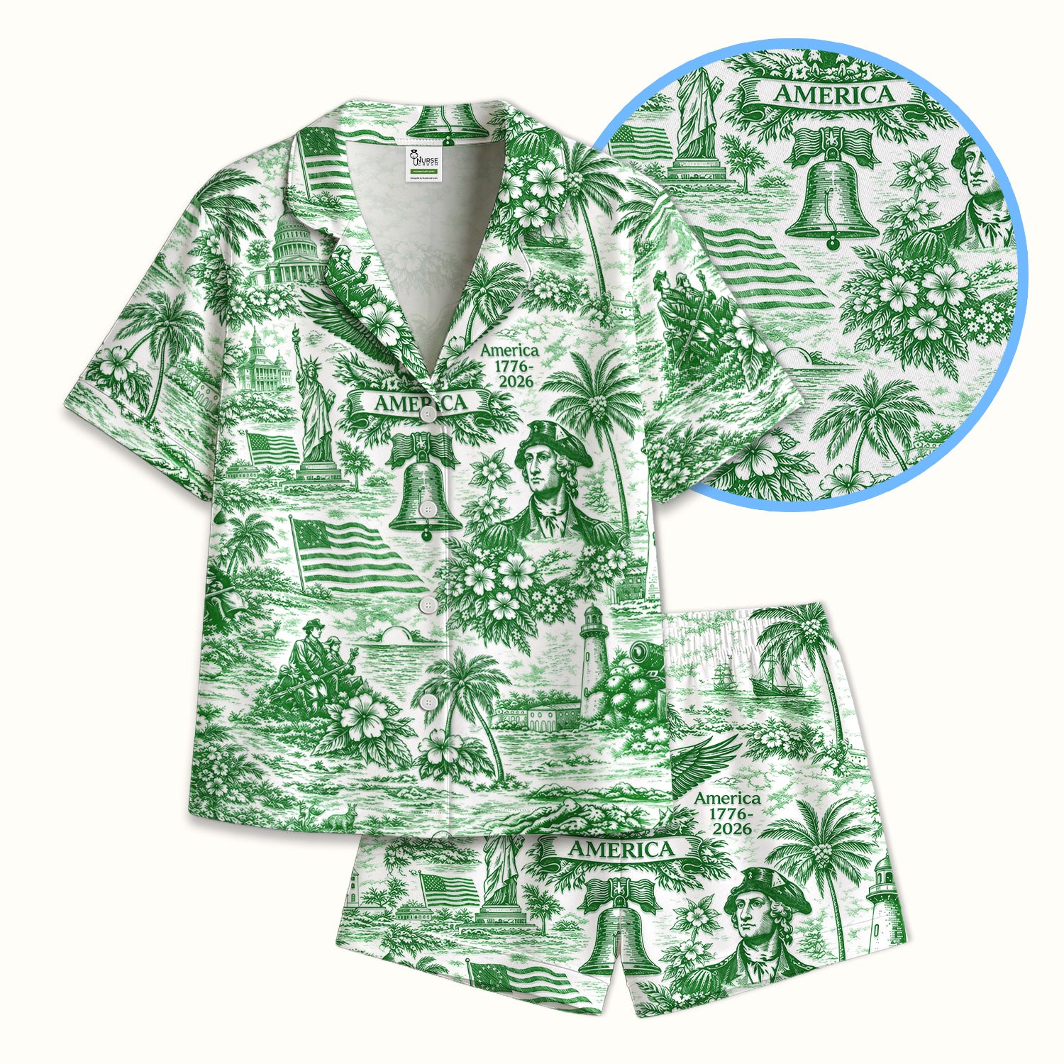 Patriotic America Heritage Toile Pattern Pajama Set, Breathable Fabrics Uniform
