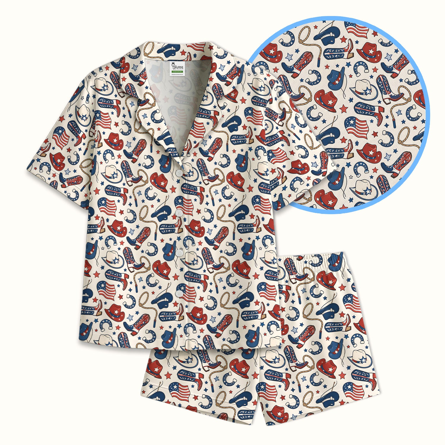 Patriotic Cowboy Boots Horseshoe Pattern Pajama Set, Soft Breathable Fabric Comfortable Sleepwear