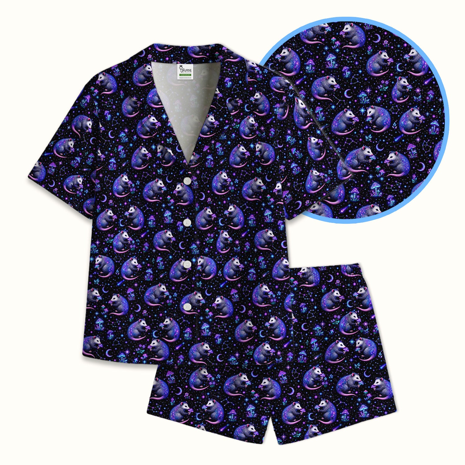 Celestial Purple Opossum With Mushroom Pattern Pajama Set, Soft Breathable Fabric Comfortable Sleepwear