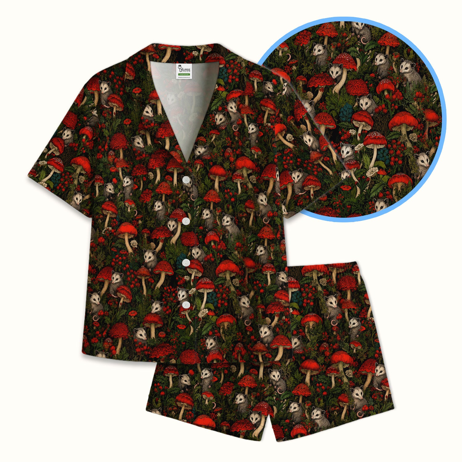 Woodland Opossum Red Mushroom Pattern Pajama Set, Soft Breathable Fabric Comfortable Sleepwear