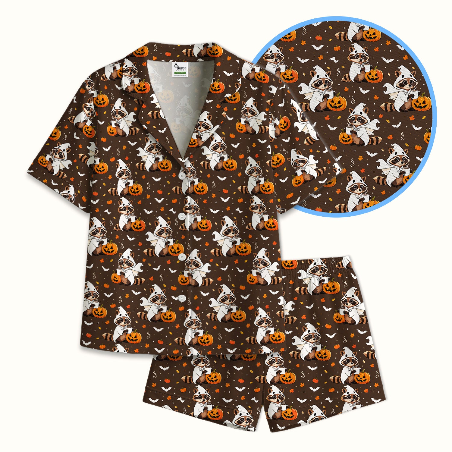 Halloween Ghost Raccoon Pumpkin Pajama Set, Soft Breathable Fabric Comfortable Sleepwear