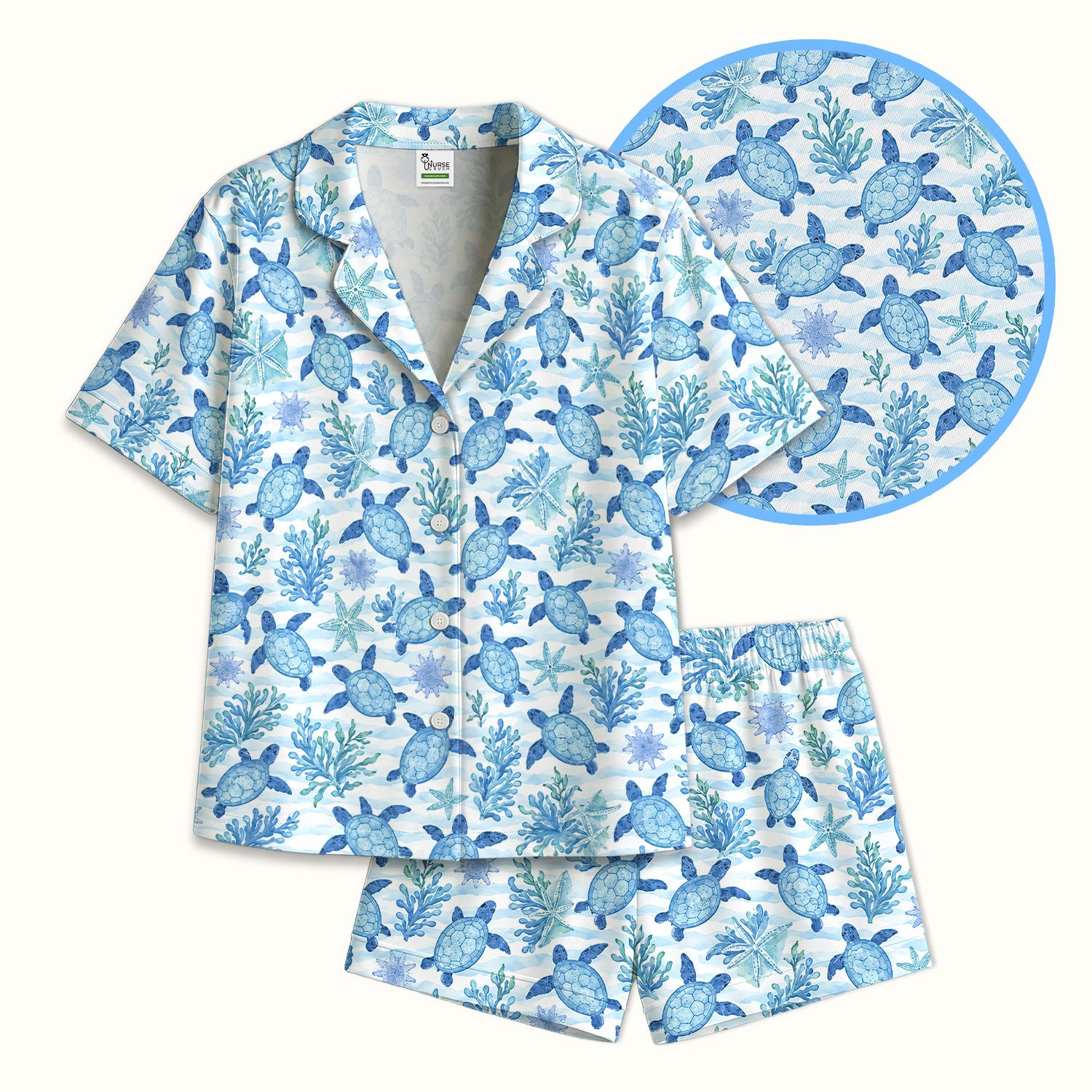 Cute Coastal Sea Turtle Coral Pattern Pajama Set, Soft Breathable Fabric Comfortable Sleepwear