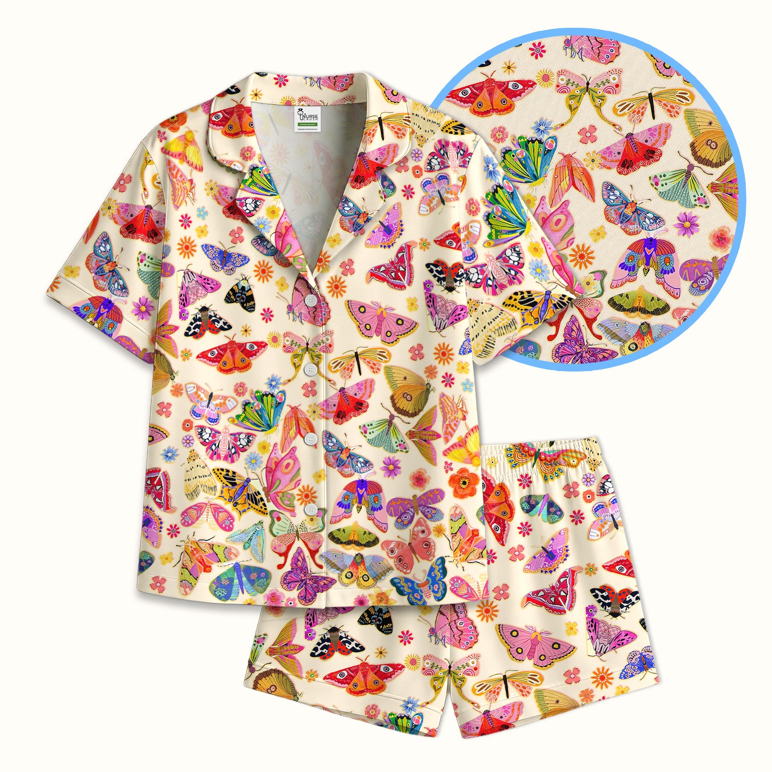 Colorful Butterfly Floral Pattern Pajama Set, Soft Breathable Fabric Comfortable Sleepwear