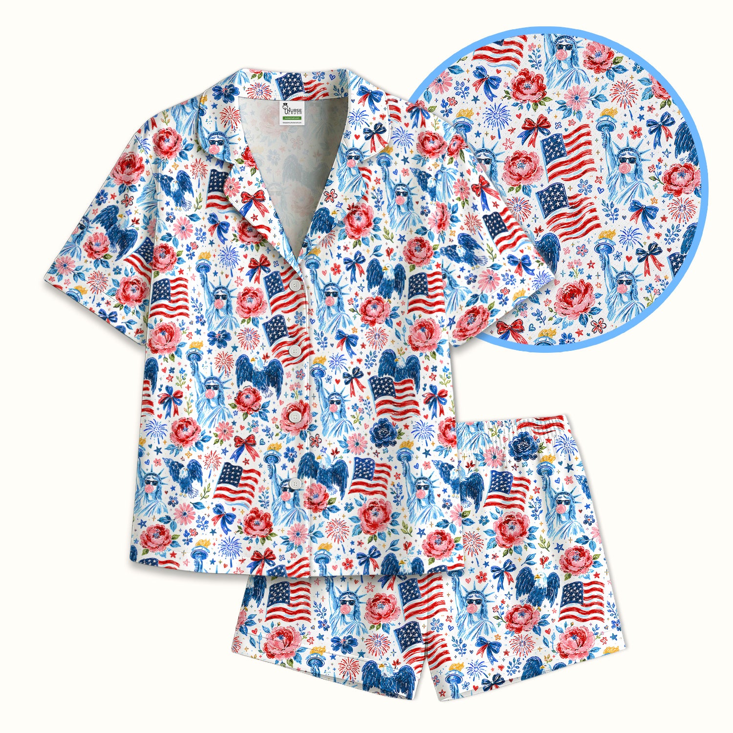 Patriotic Liberty Nurse Pattern Pajama Set, Soft Breathable Fabric Comfortable Sleepwear