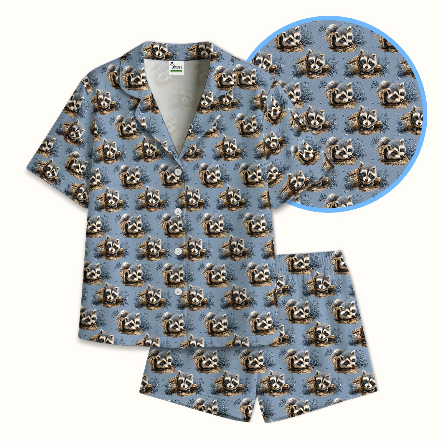 Cute Raccoon In Log Pattern Pajama Set, Soft Breathable Fabric Comfortable Sleepwear