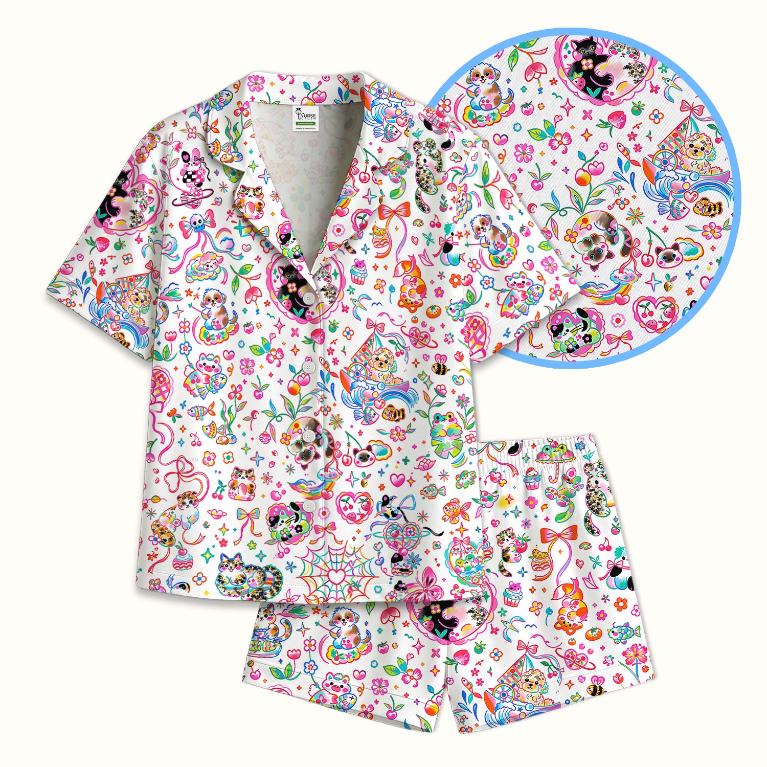 Colorful Kawaii Cat Heart Doodle Pattern Pajama Set, Soft Breathable Fabric Comfortable Sleepwear