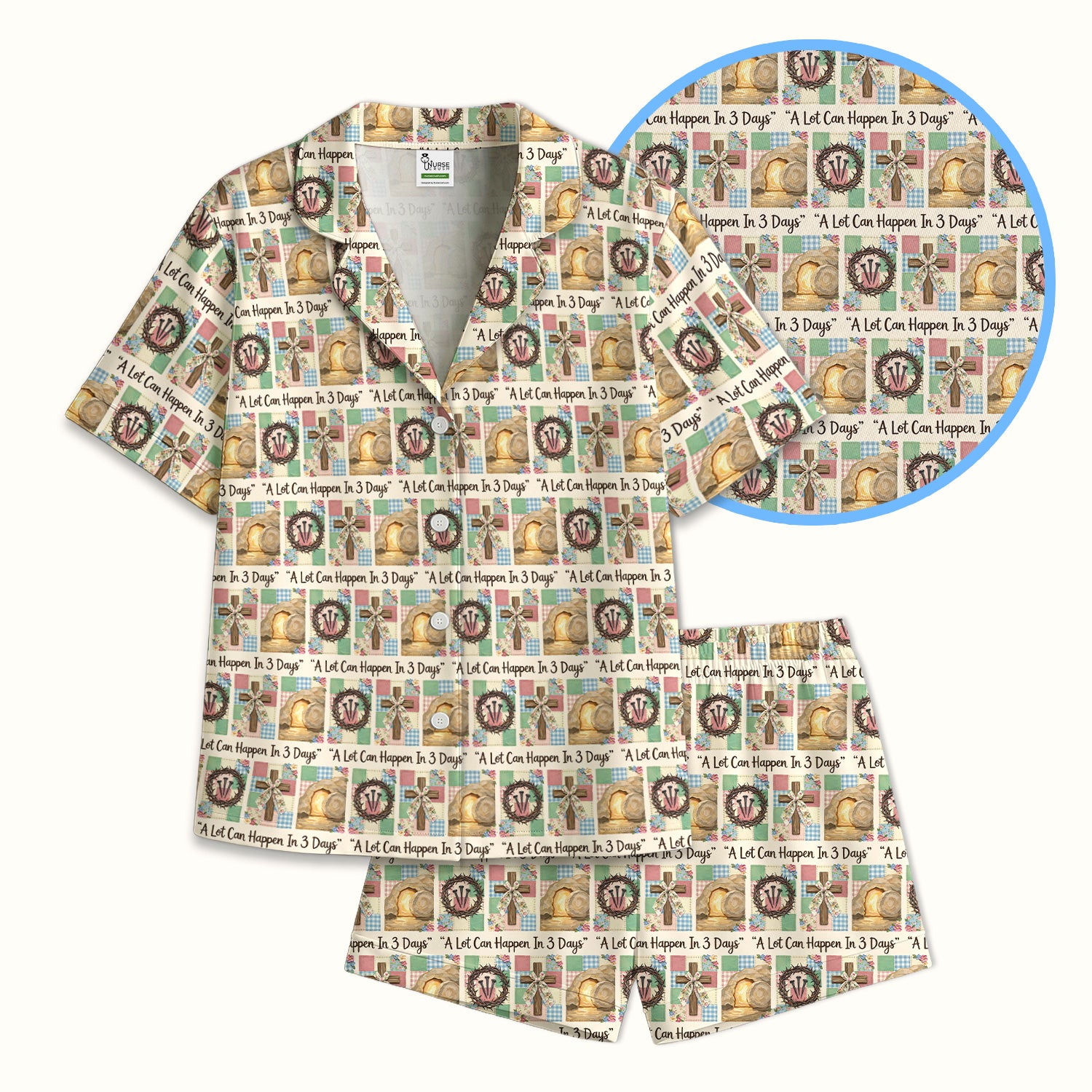 Christian Easter Cross Print Pajama Set, Breathable Fabrics Uniform