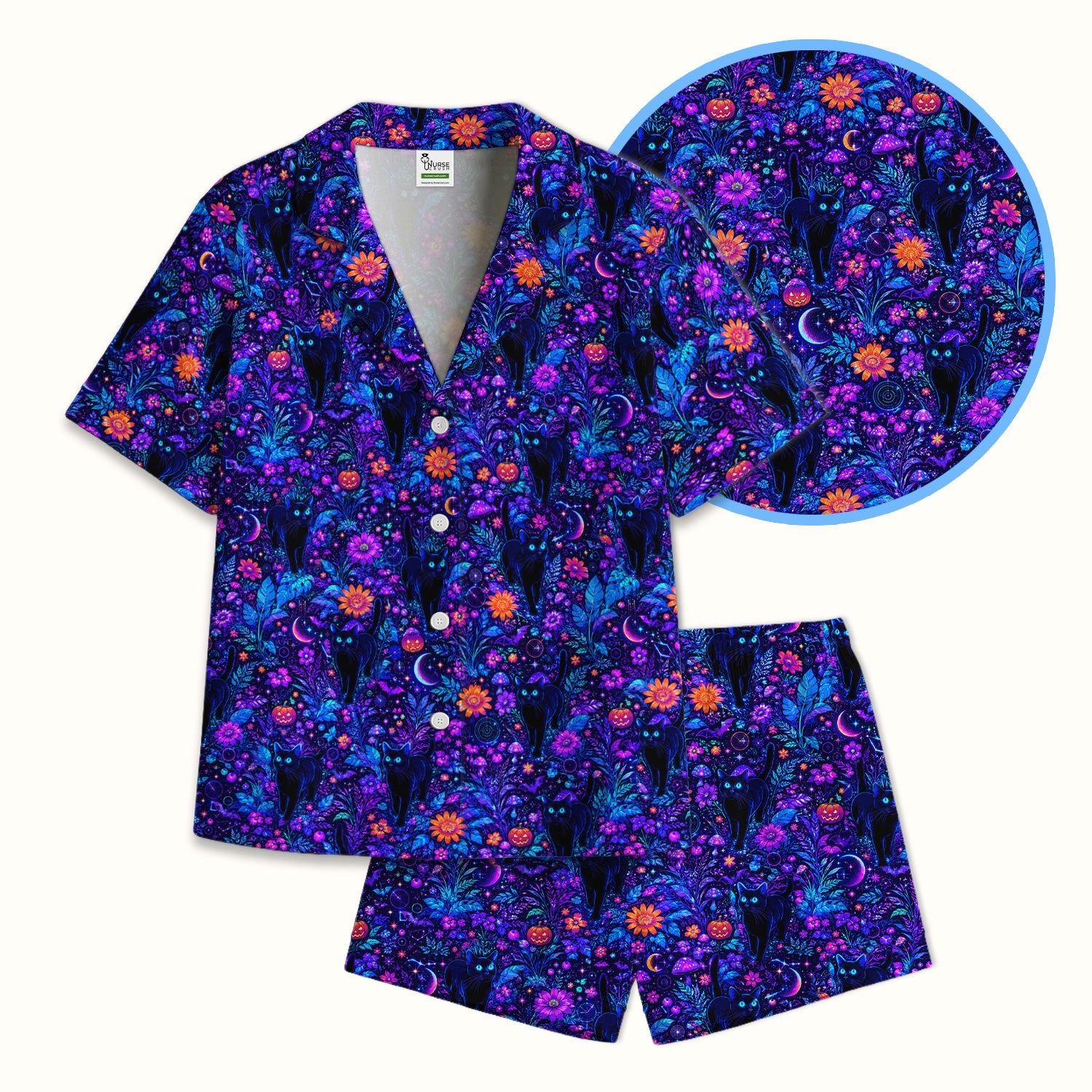 Halloween Black Cat Floral Print Pajama Set, Soft Breathable Fabric Comfortable Sleepwear