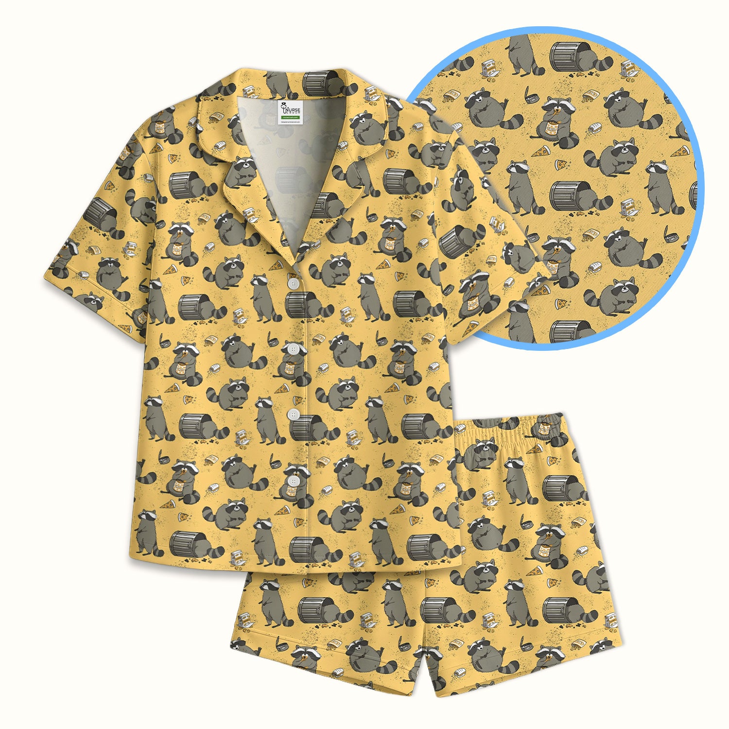 Raccoon Snack And Trash Can Pattern Pajama Set, Breathable Fabrics Uniform