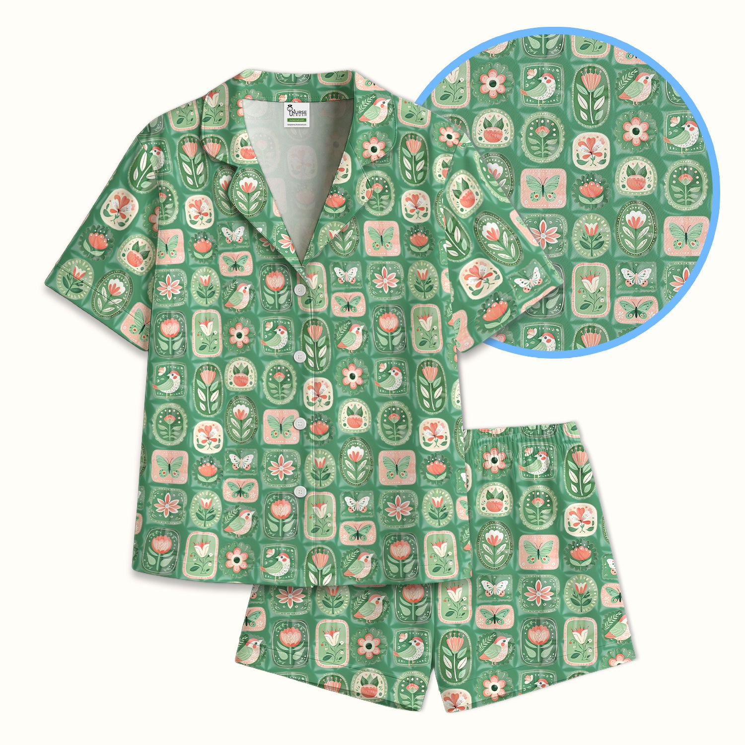 Folk Art Floral Bird Butterfly Garden Pattern Pajama Set, Soft Breathable Sleepwear