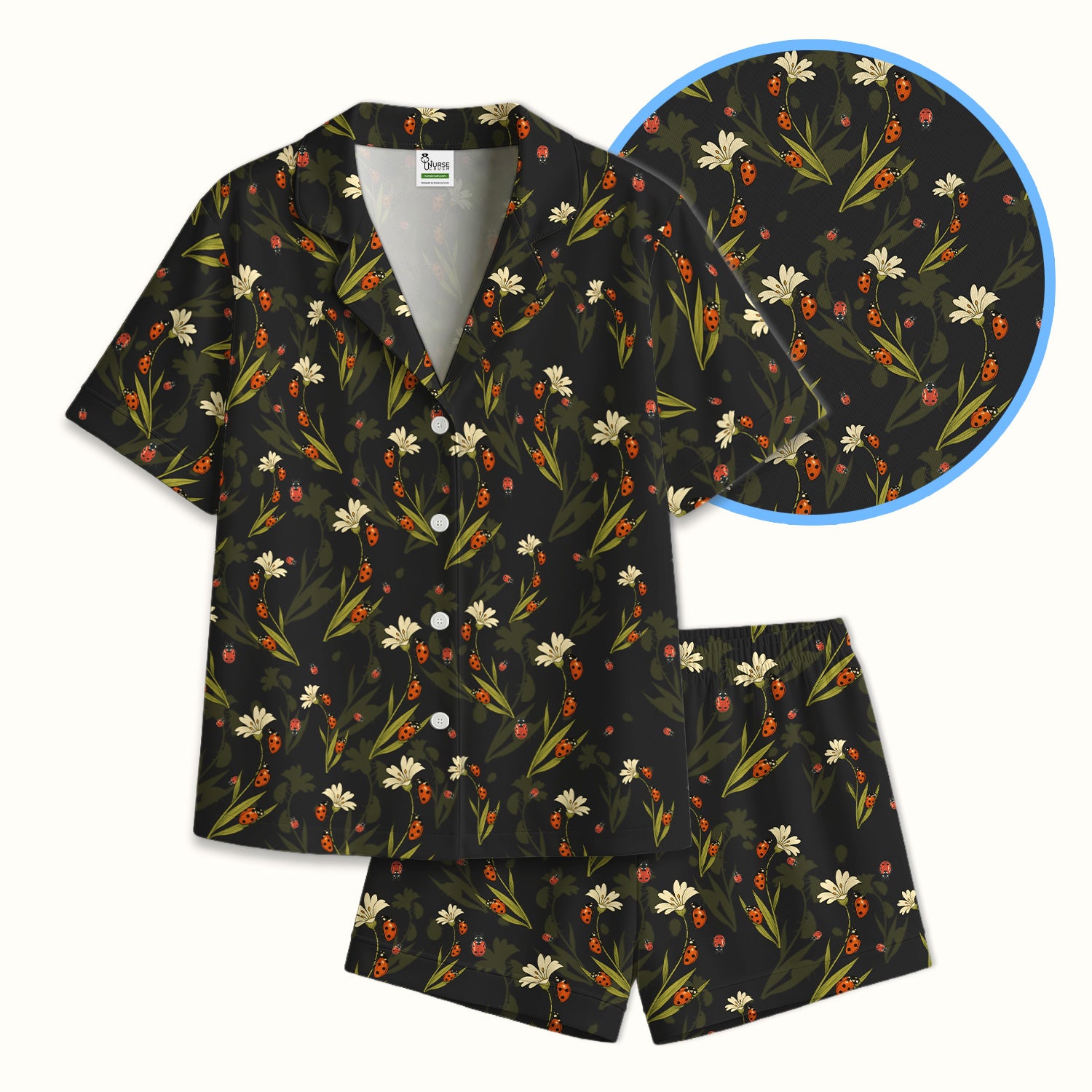 Fresh Daisy Ladybug Garden Pattern Pajama Set, Breathable Fabrics Uniform