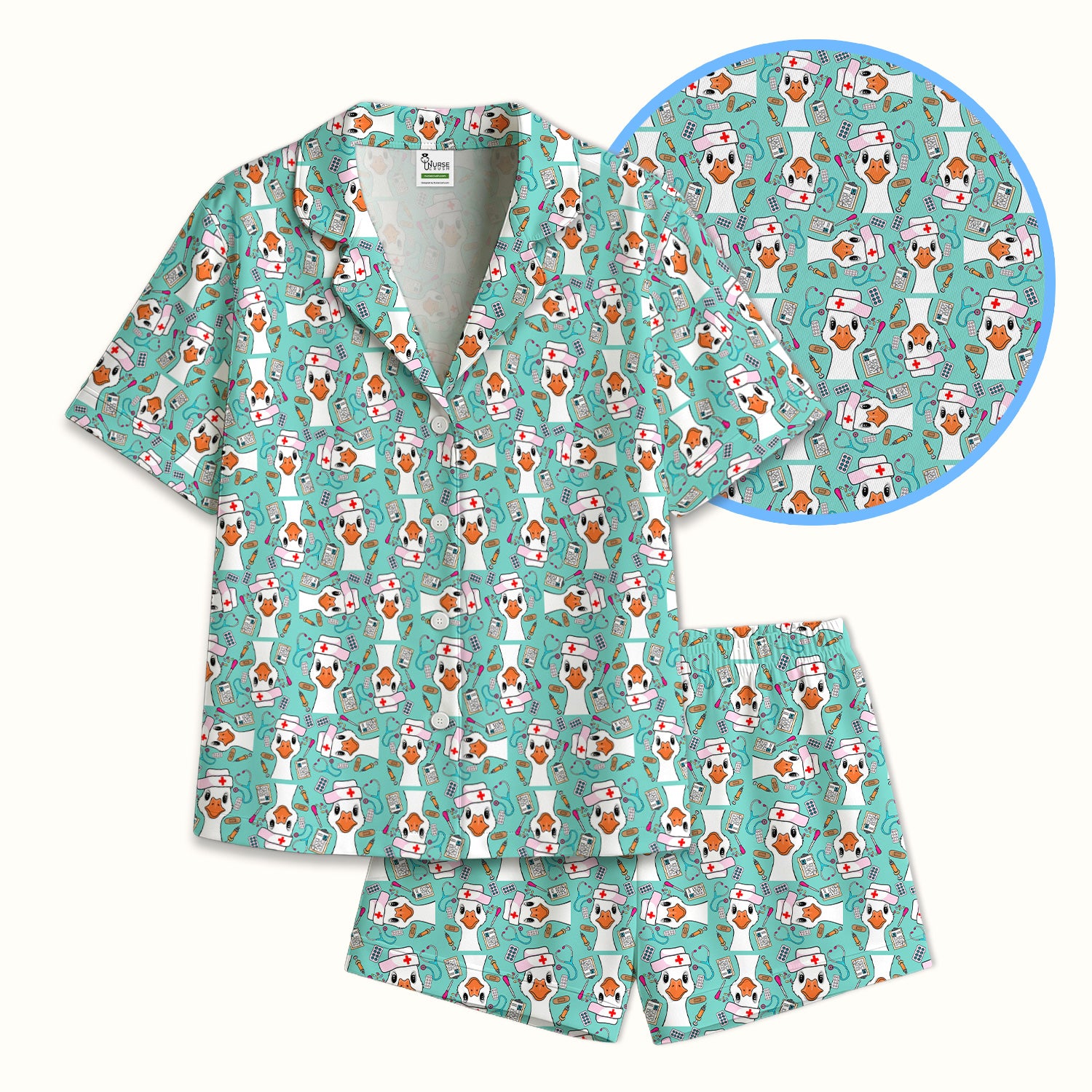 Duck Wearing Hat With Medical Tools Pajama Set, Breathable Fabrics Uniform