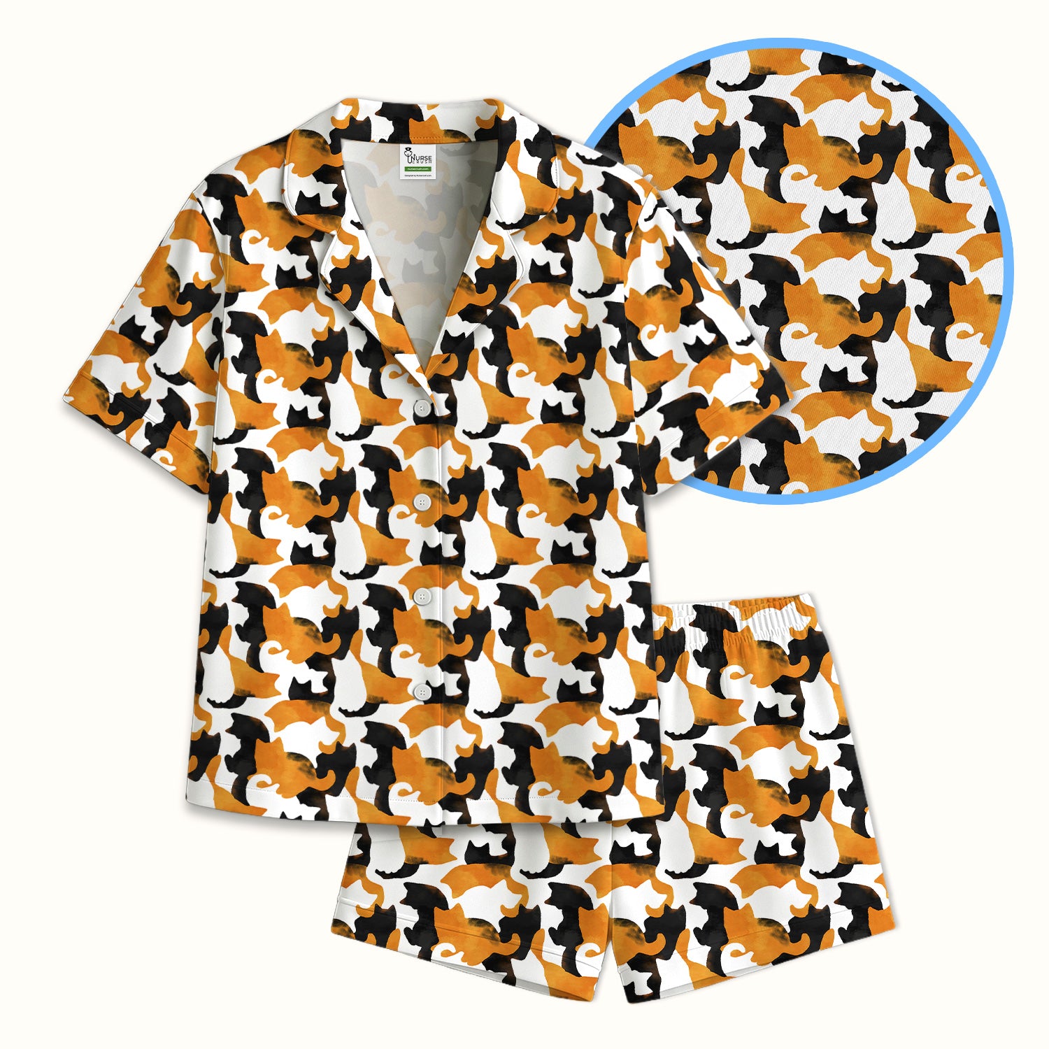 Calico Cat Silhouette Pattern Pajama Set, Soft Breathable Fabric Comfortable Sleepwear
