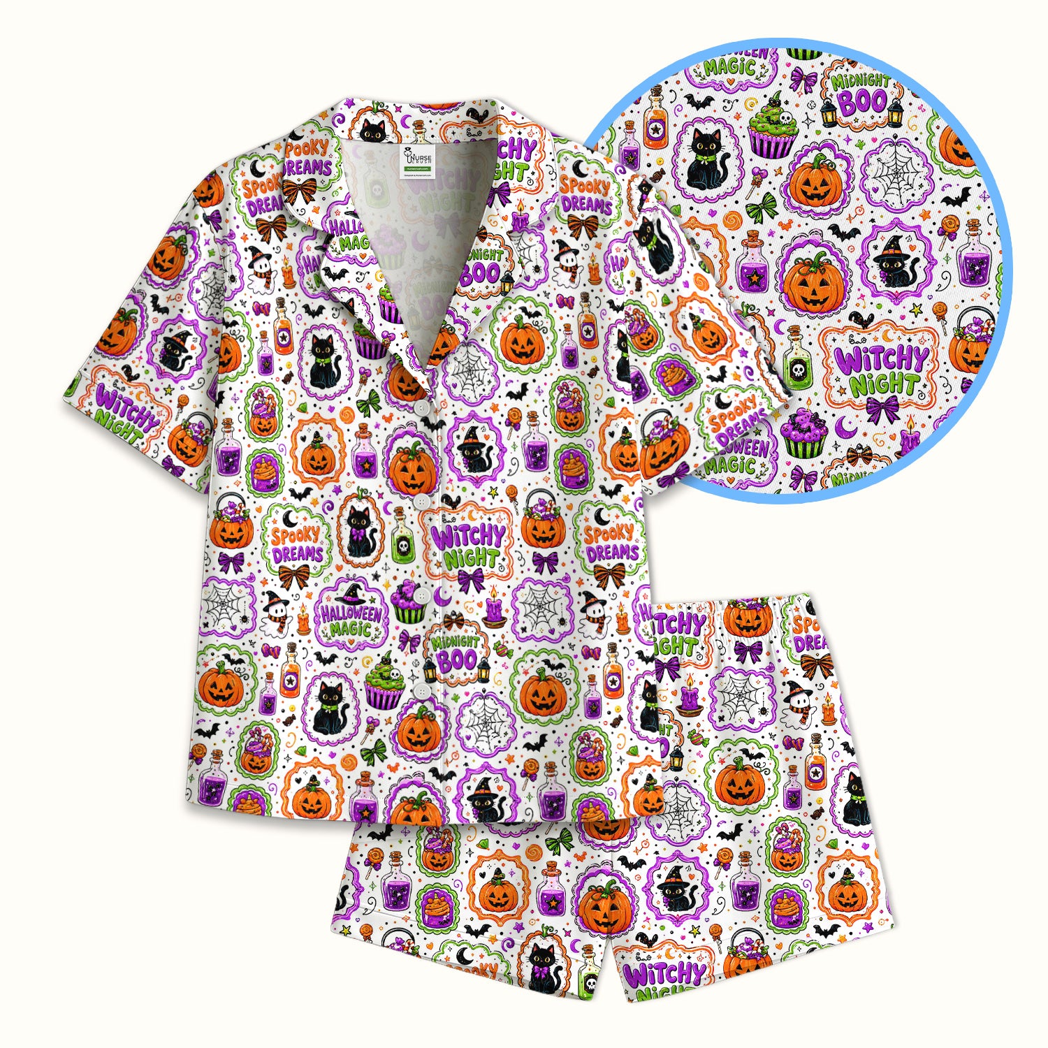 Witchy Halloween Magic And Pumpkins Pajama Set, Soft Breathable Fabric Comfortable Sleepwear