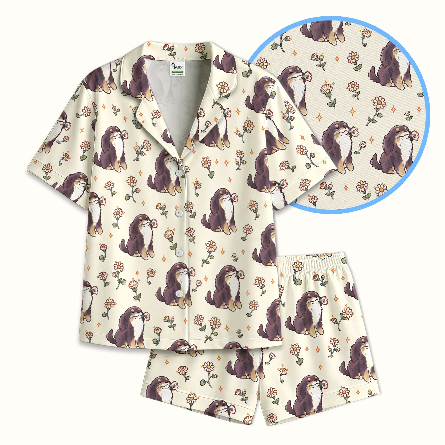 Cute Floral Otter Holding Daisy Pattern Pajama Set, Soft Breathable Fabric Comfortable Sleepwear