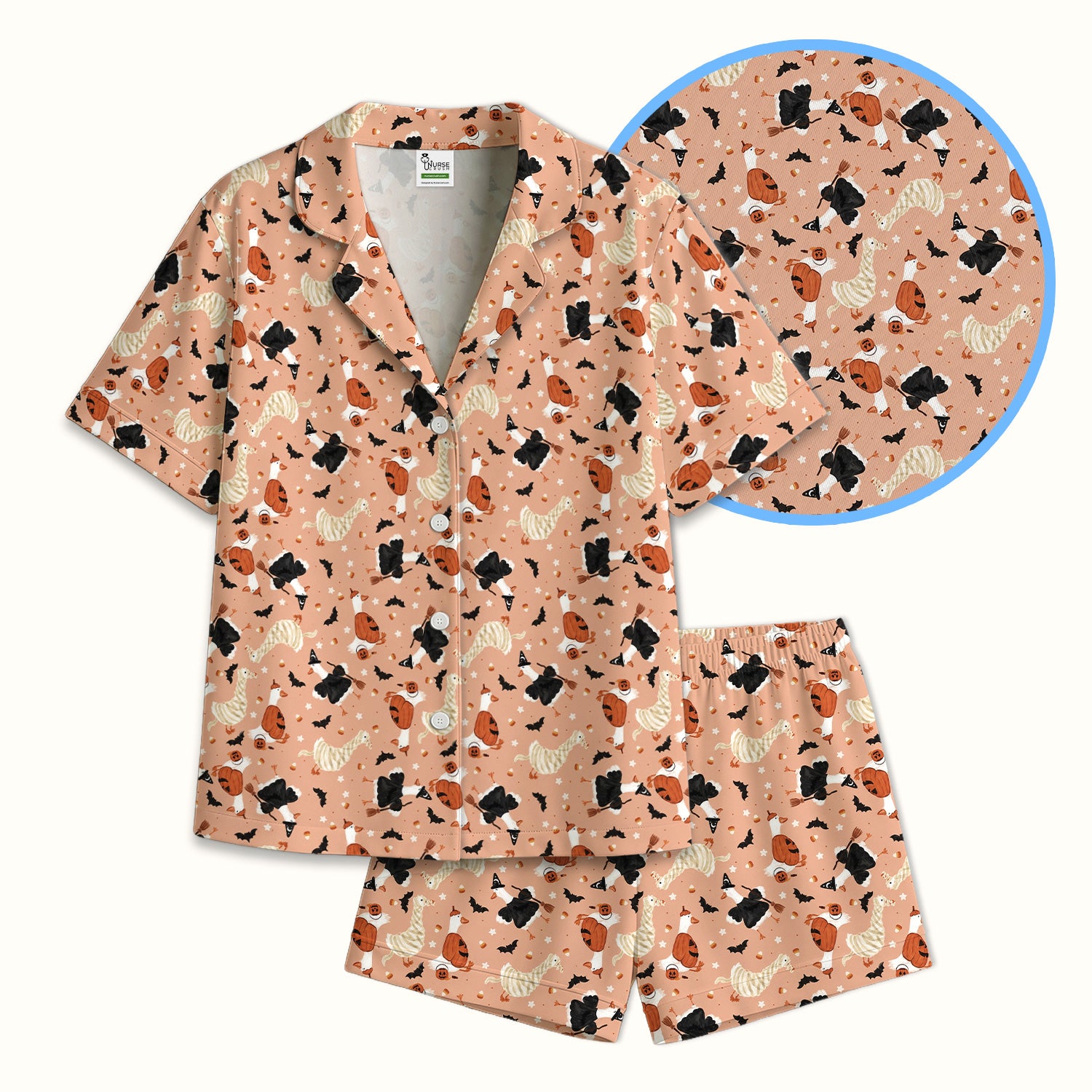 Halloween Goose with Pumpkin Bat Pattern Pajama Set, Soft Breathable Fabric Comfortable Sleepwear