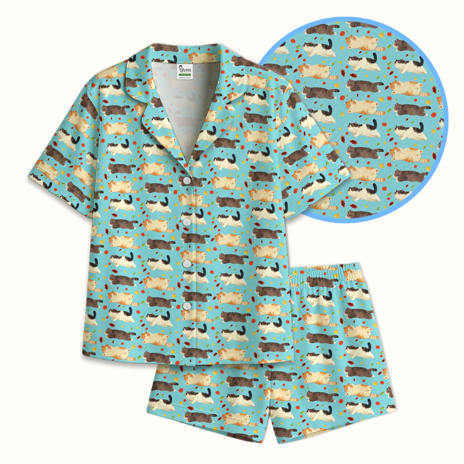 Chubby Cat Autumn Leaves Print Pajama Set, Breathable Fabrics Uniform