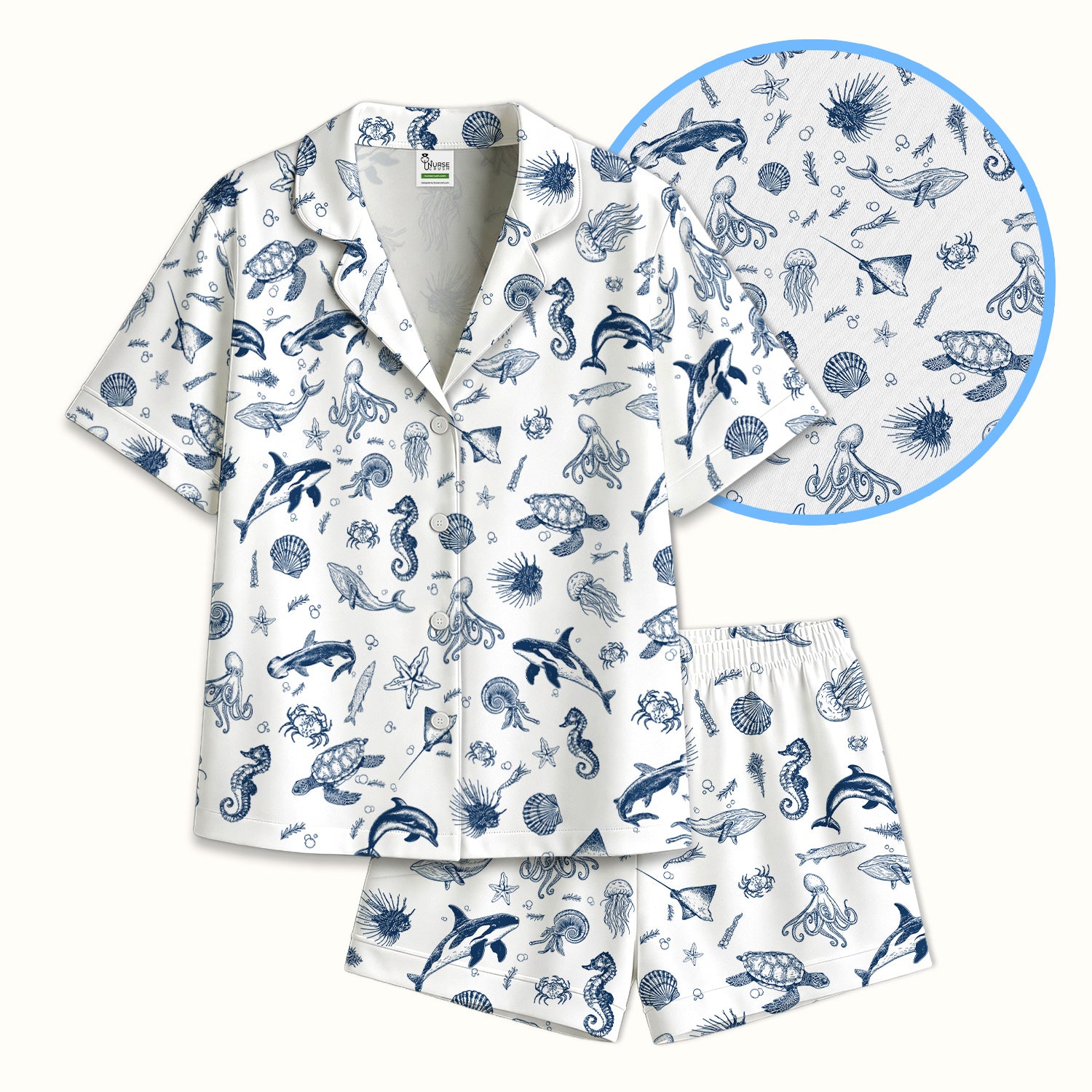 Marine Sea Life Pattern Pajama Set, Breathable Fabrics Uniform