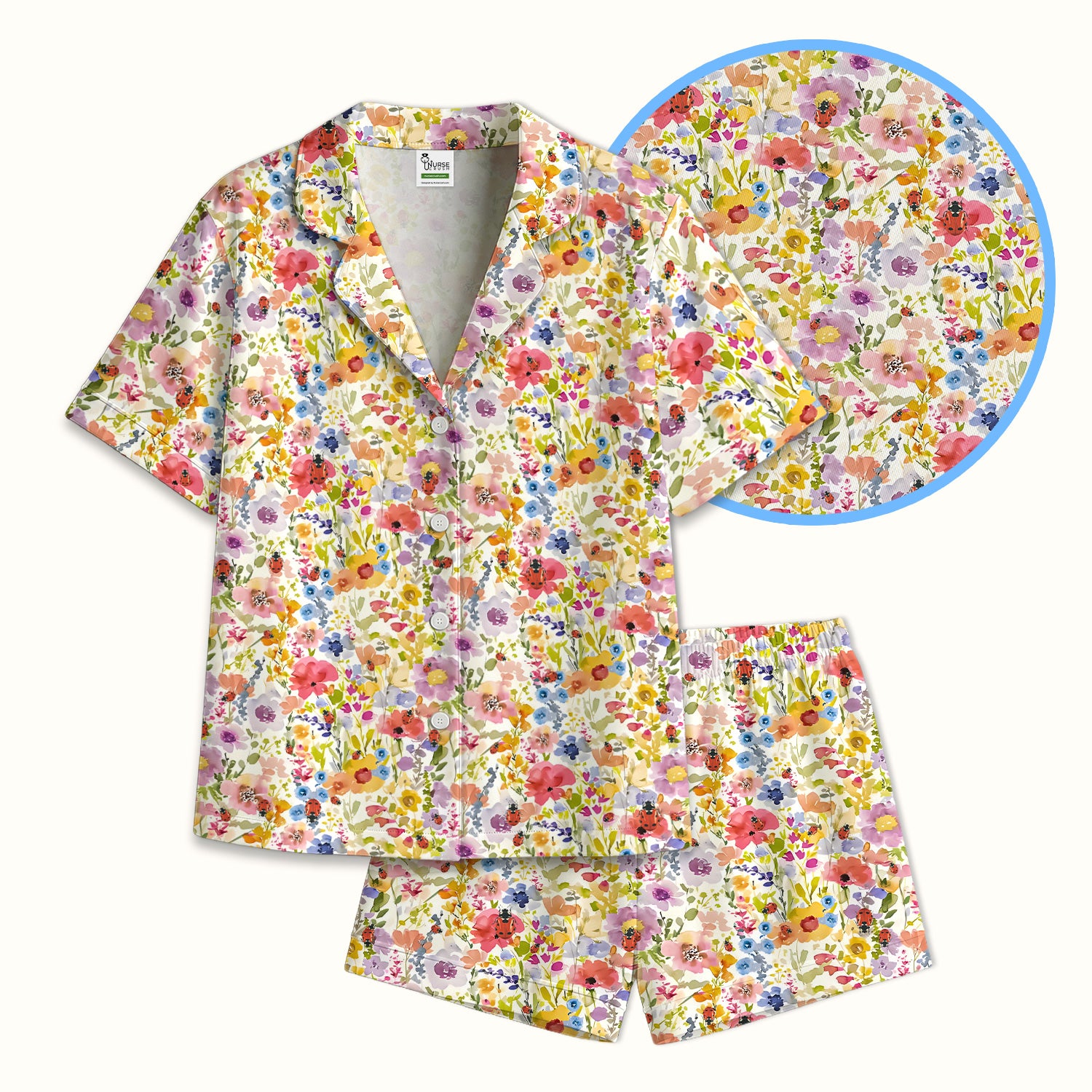 Cute Wildflower Ladybug Garden Pattern Pajama Set, Soft Breathable Fabric Comfortable Sleepwear