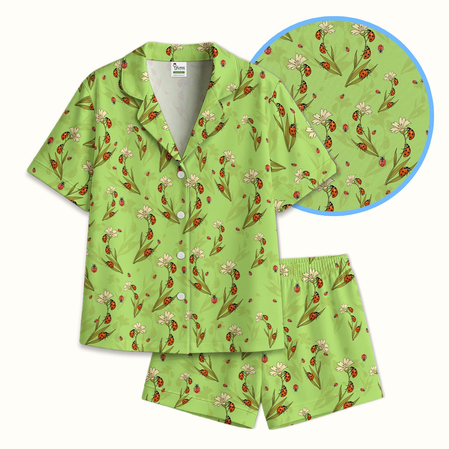 Fresh Daisy Ladybug Garden Pattern Pajama Set, Breathable Fabrics Uniform