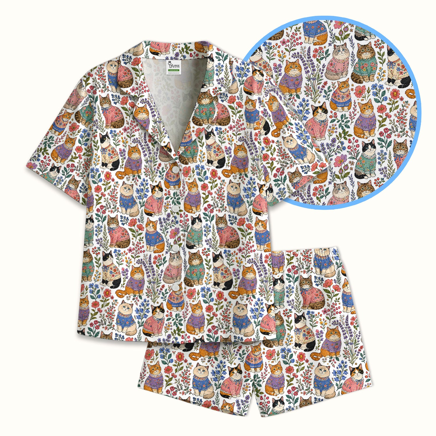Cute Floral Cat Pattern Pajama Set, Soft Breathable Fabric Comfortable Sleepwear