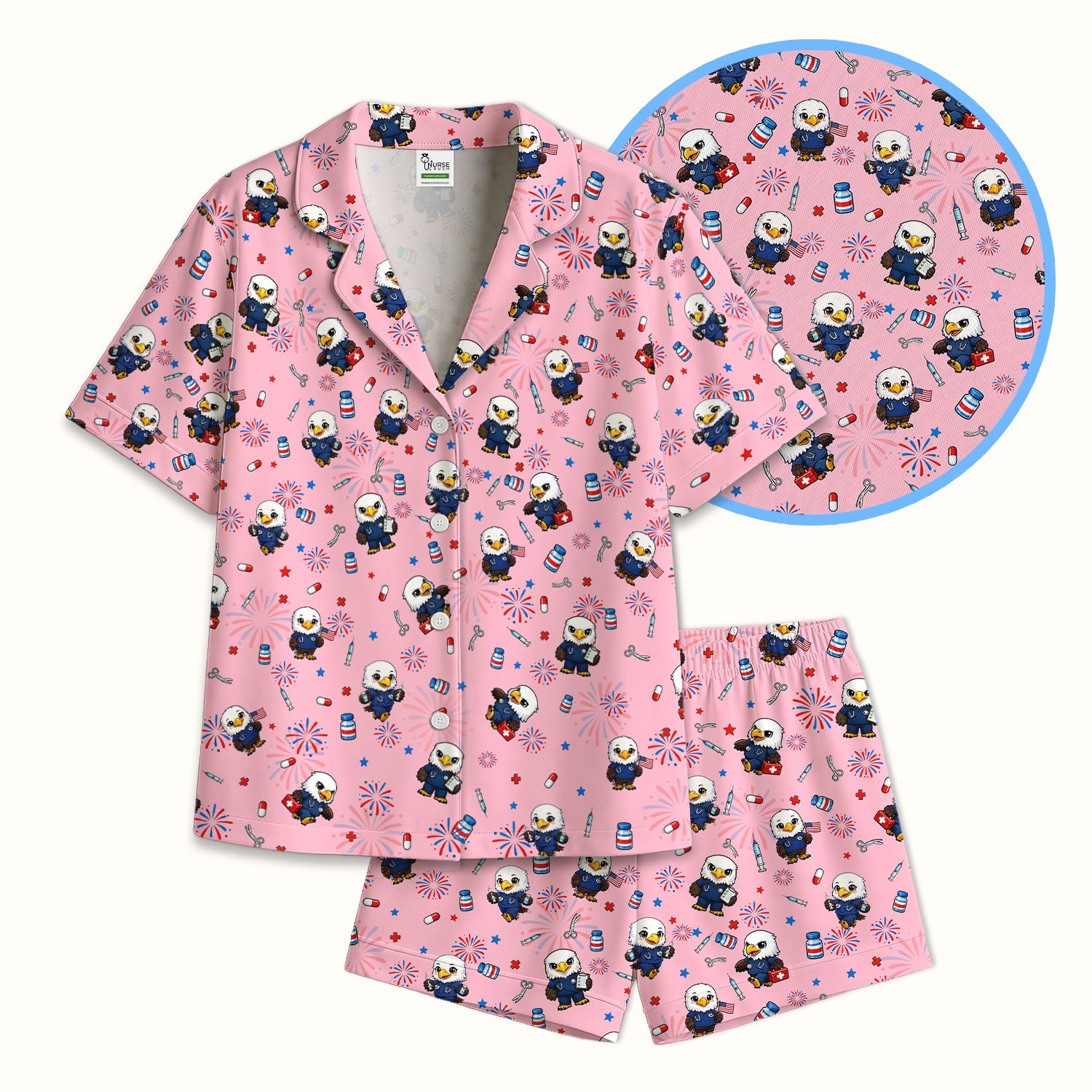 Patriotic Nurse Eagle Fireworks Medical Pattern Pajama Set, Breathable Fabrics Uniform