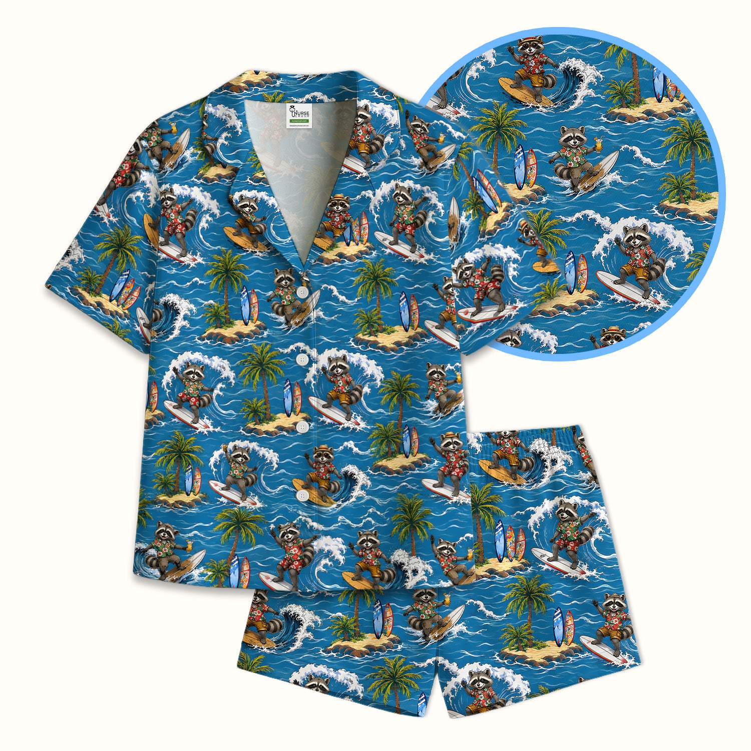 Tropical Surfing Raccoon Island Pattern Pajama Set, Soft Breathable Fabric Comfortable Sleepwear