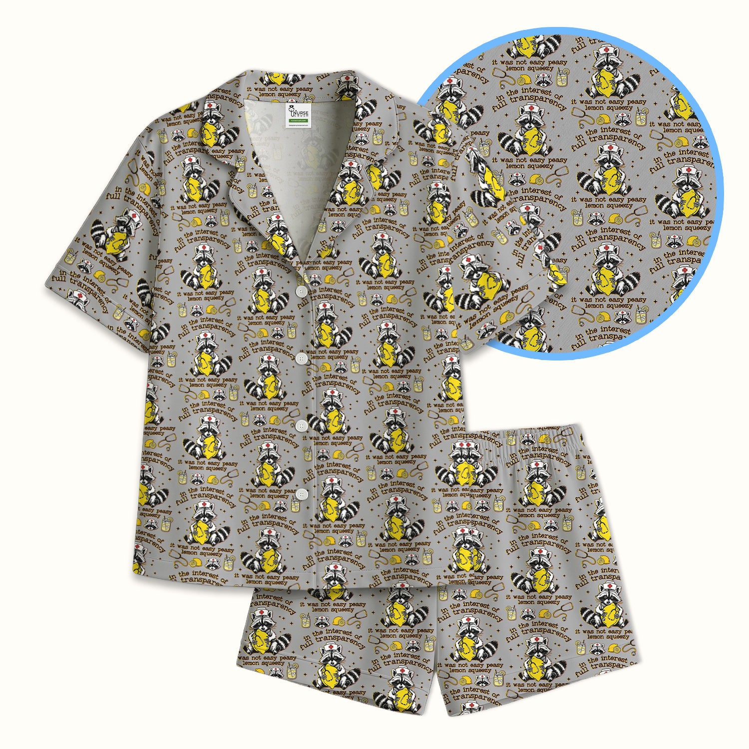 Raccoon Lemon Quote Medical Humor Pattern Pajama Set, Breathable Fabrics Uniform