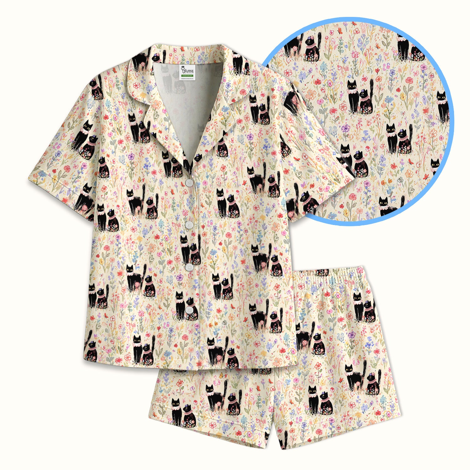 Cute Black Cats Wildflower Garden Pattern Pajama Set, Soft Breathable Fabric Comfortable Sleepwear