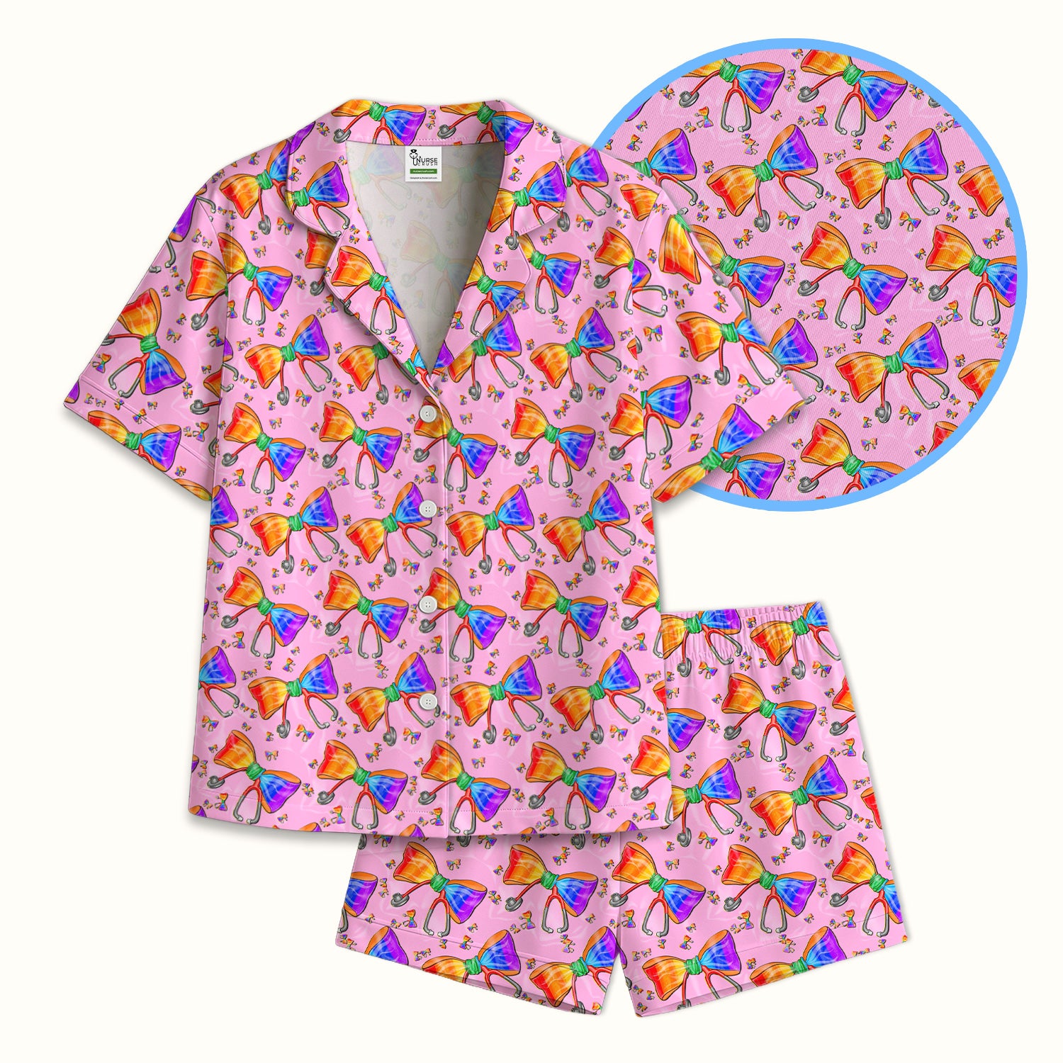 Colorful Rainbow Bow Stethoscope Pattern Pajama Set, Breathable Fabrics Uniform