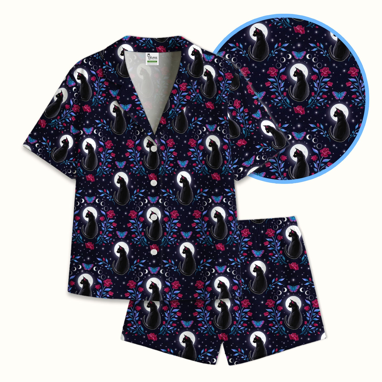 Black Cat Moon Rose Print Pajama Set, Soft Breathable Fabric Comfortable Sleepwear